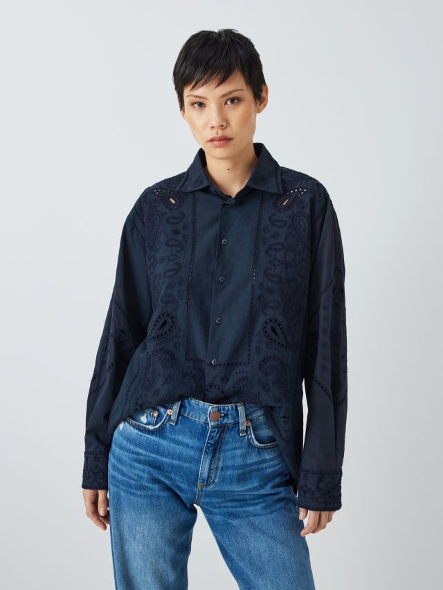 rag & bone Vivian Paisley Embroidery Shirt, Navy, XS