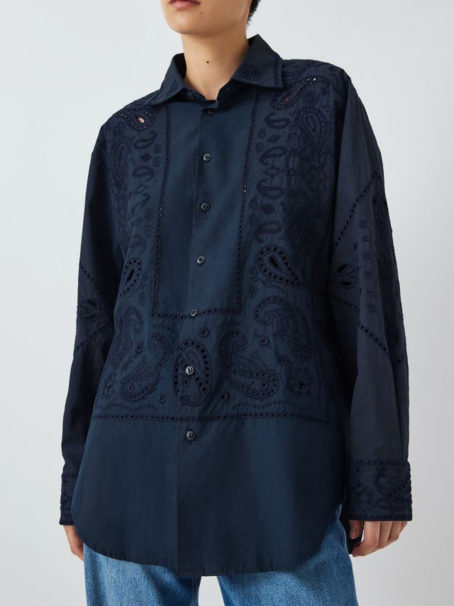 rag & bone Vivian Paisley Embroidery Shirt, Navy, XS