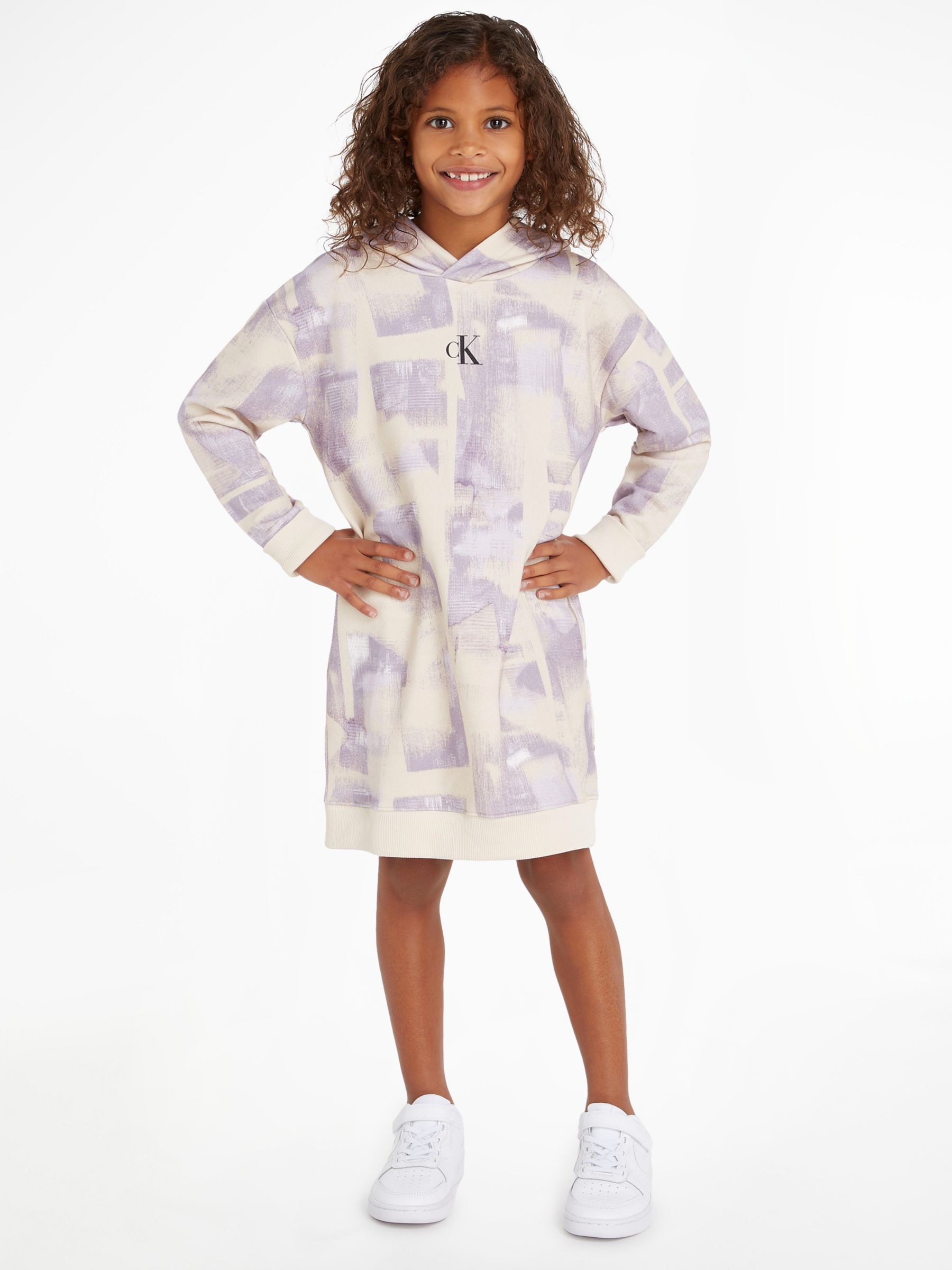 Calvin Klein Kids' Logo Embroidered Hooded Jumper Dress, Cream/Lilac at  John Lewis & Partners