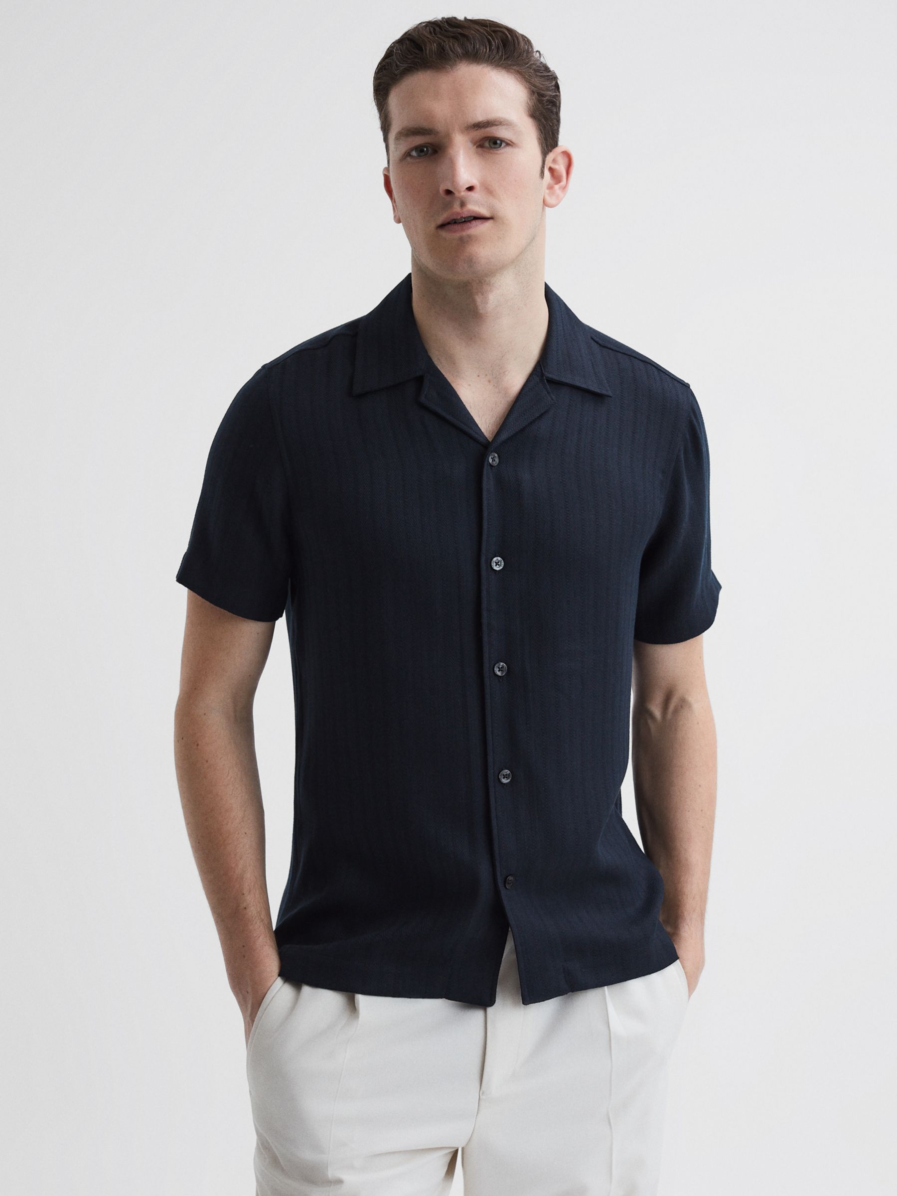 Reiss Vitus Cuban Collar Short Sleeve Shirt, Navy at John Lewis & Partners