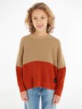 Calvin Klein Kids' Knitted Colour Block Jumper, Travertine/Auburn