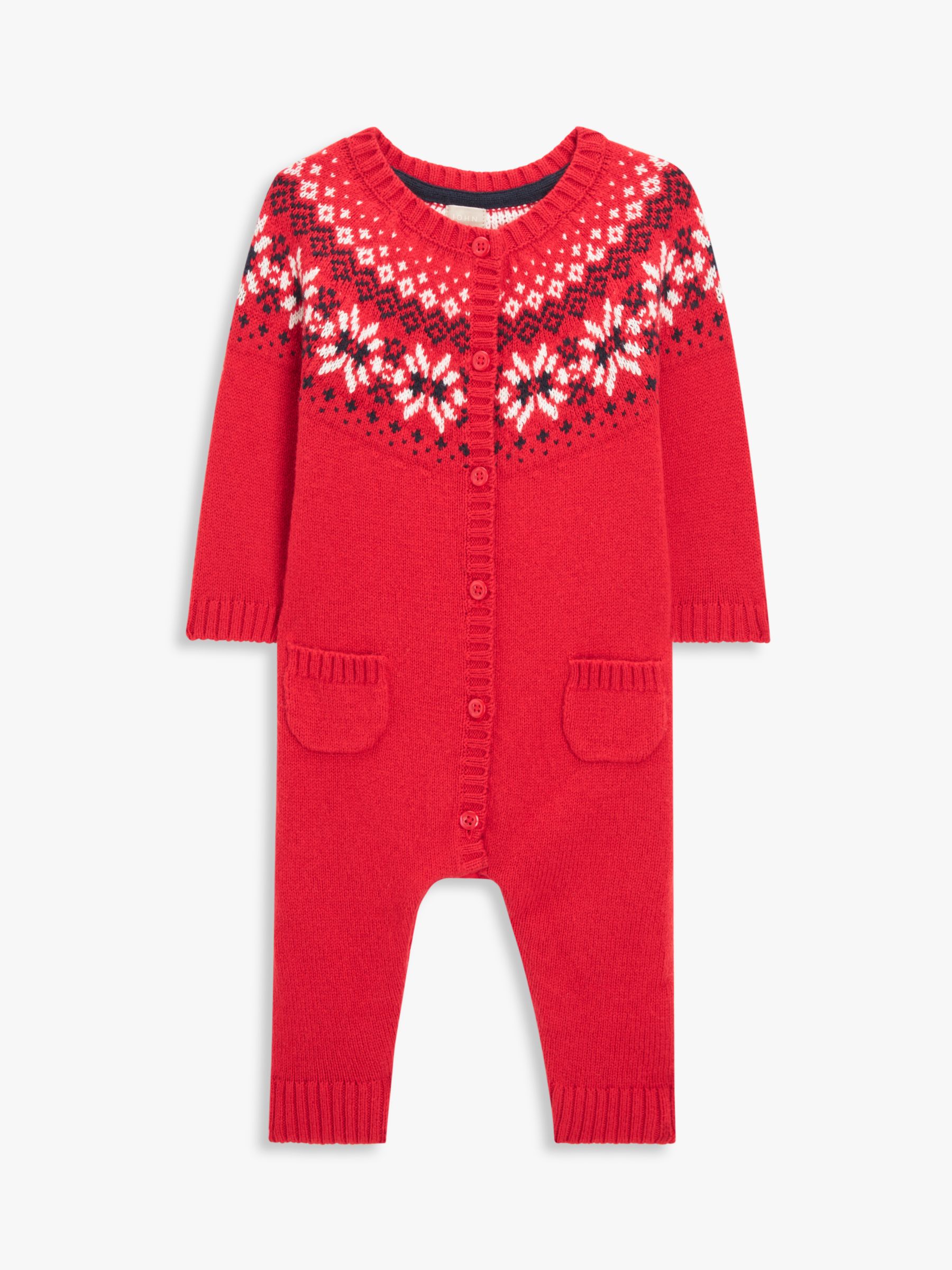 John Lewis Baby Christmas Fair Isle Cotton & Wool Blend Romper, Red, 3-6 months