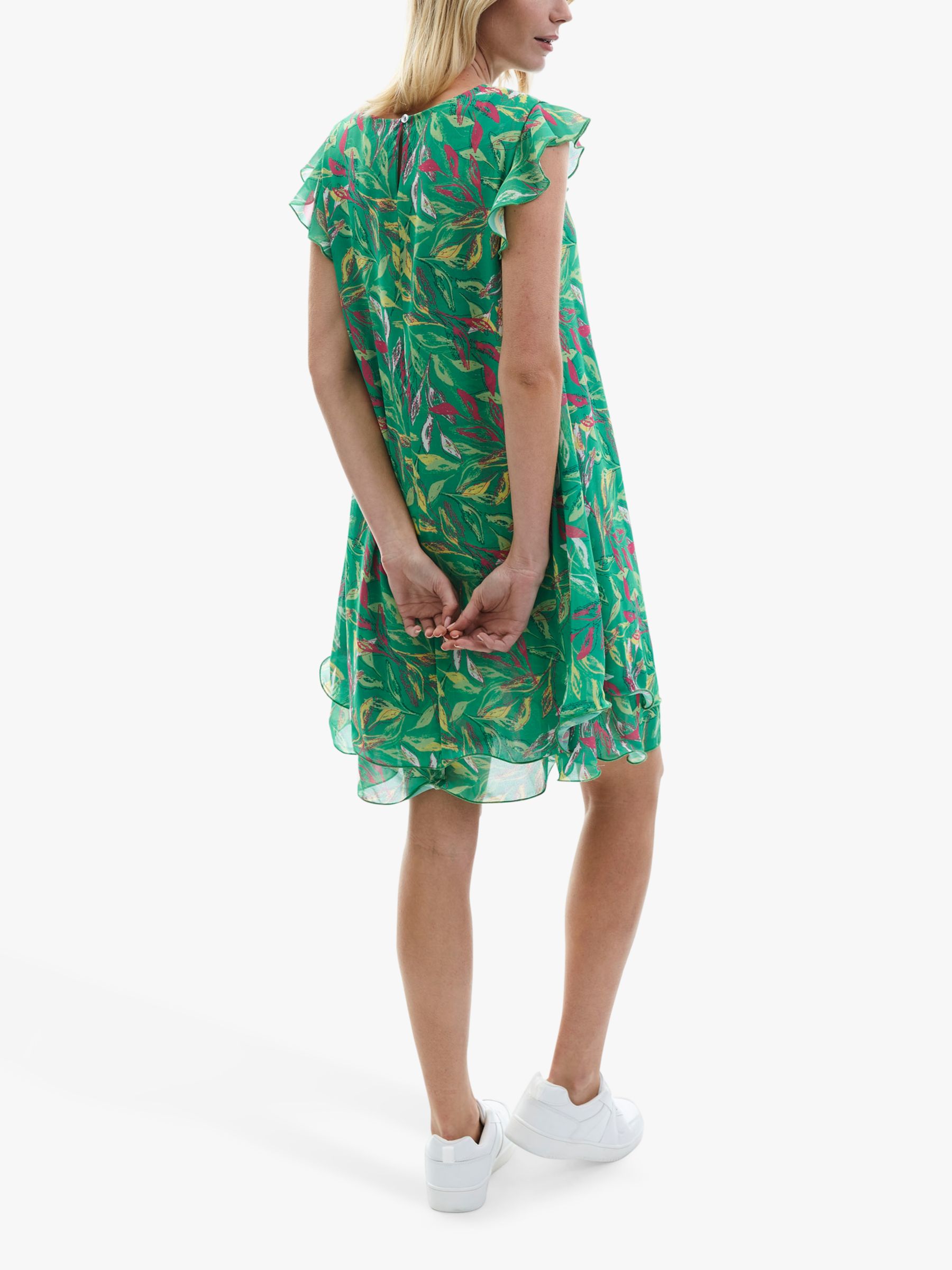 James Lakeland Leaf Print Ruffle Sleeve Wave Hem Dress, Green, 8