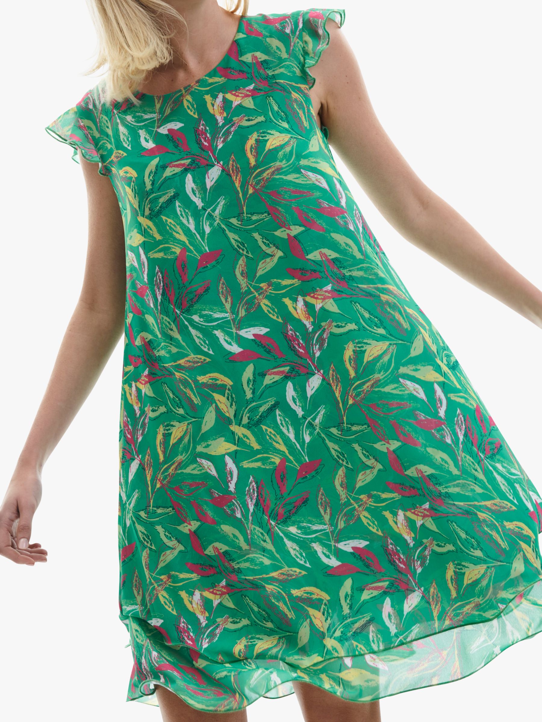 James Lakeland Leaf Print Ruffle Sleeve Wave Hem Dress, Green, 8