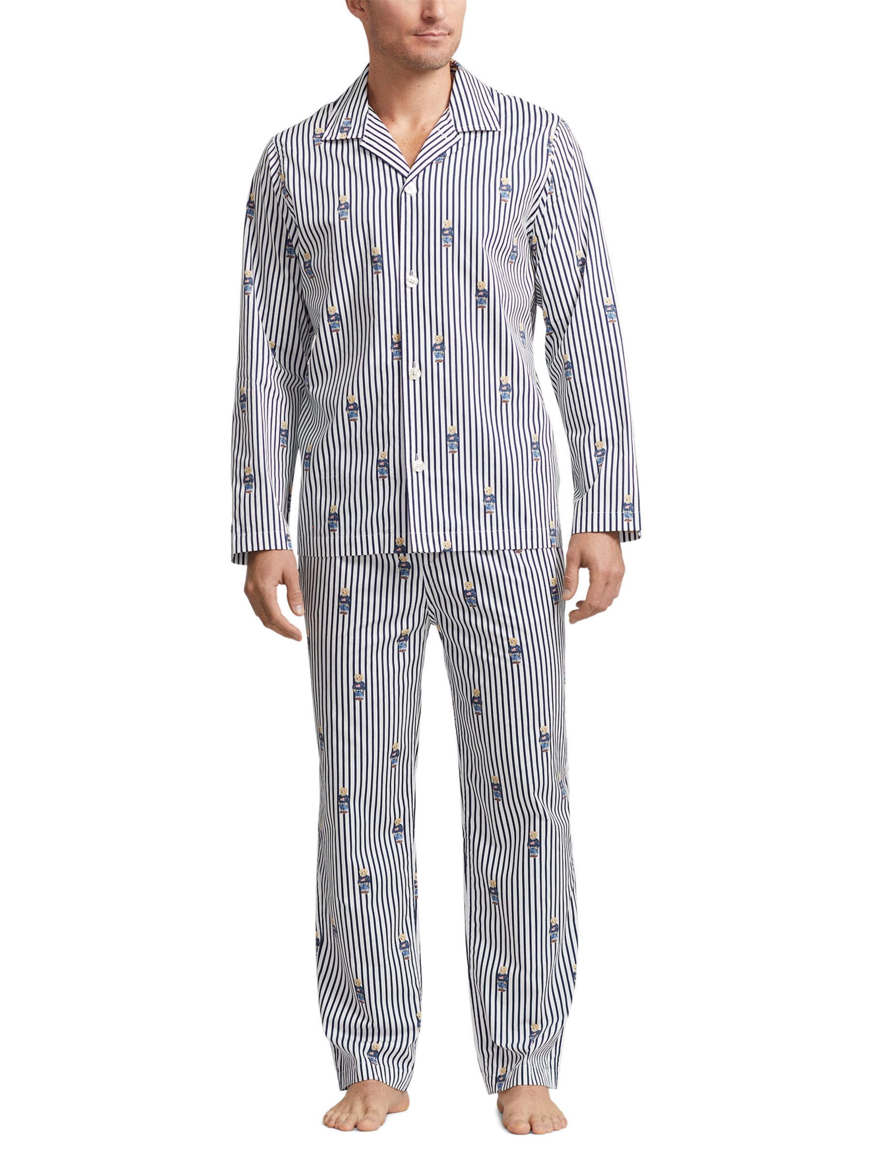 Polo Ralph Lauren Cotton Stripe Bear Long Sleeve Pyjama Set, Navy/White, S