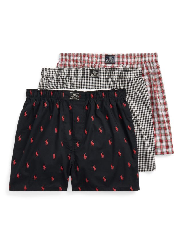Polo Ralph Lauren Logo and Check Cotton Boxers, Pack of 3, Red/Black, S