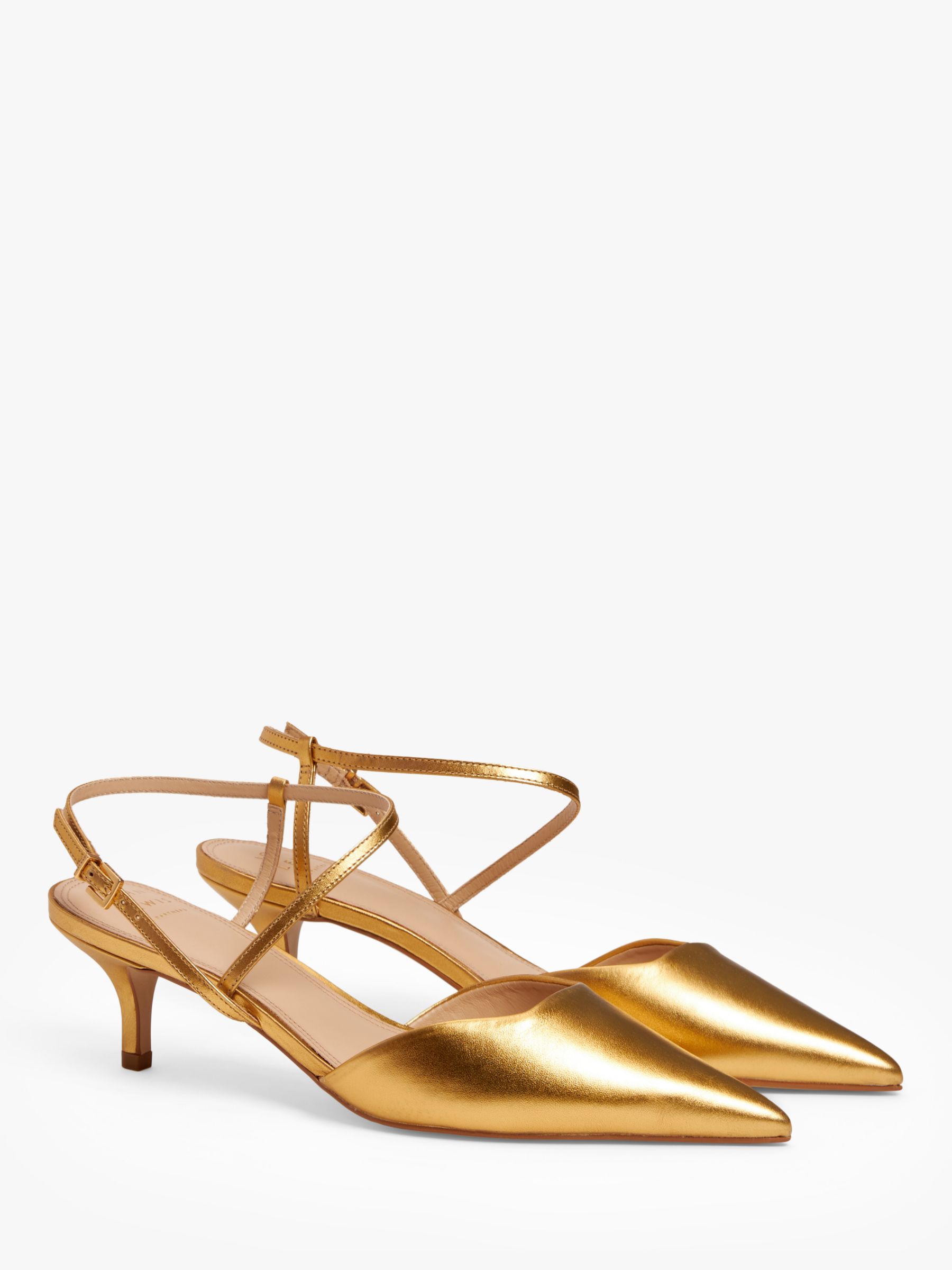John Lewis Chi Chi Leather Asymmetric Strap Open Court Shoes, Gold, 8