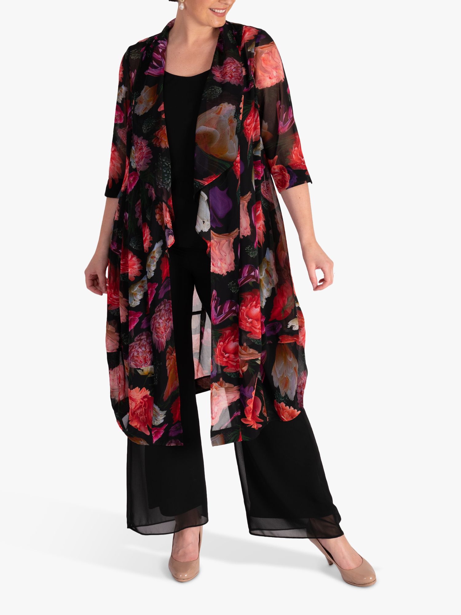 Chesca Rose Print Chiffon Kimono, Black/Multi