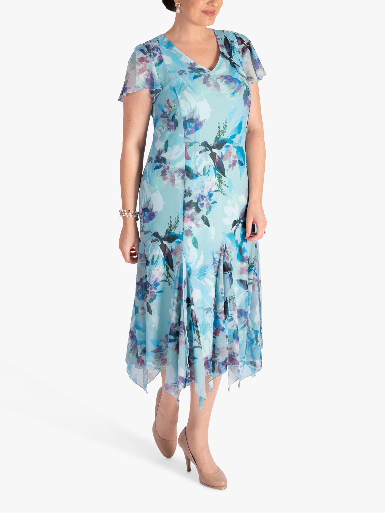 chesca Hummingbird V-Neck Mesh Dress, Aqua/Multi at John Lewis & Partners