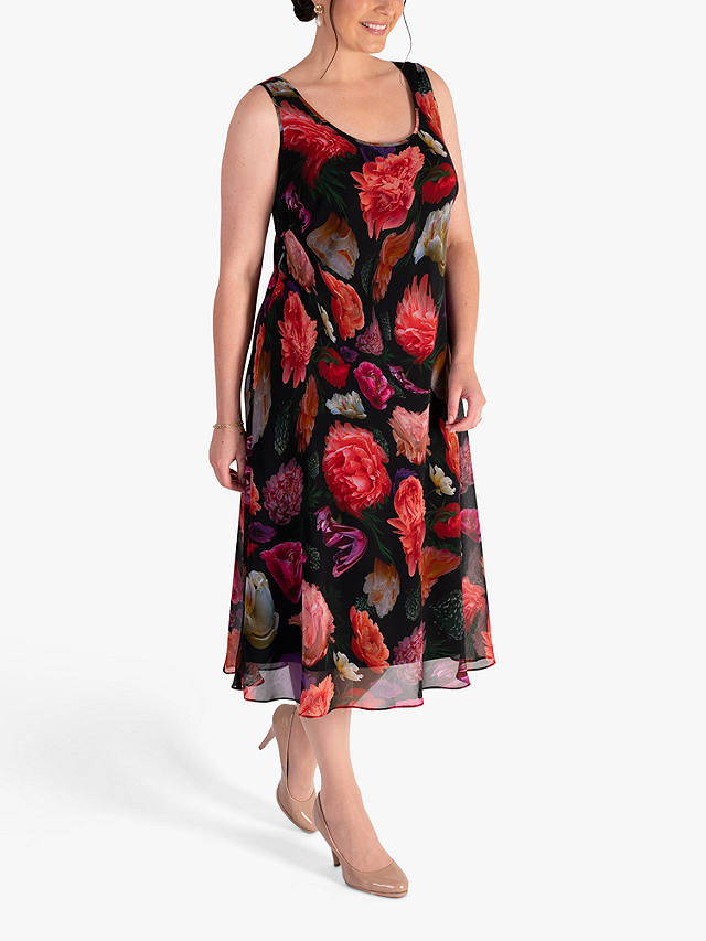 chesca Rose Print Midi Chiffon Dress, Black/Multi