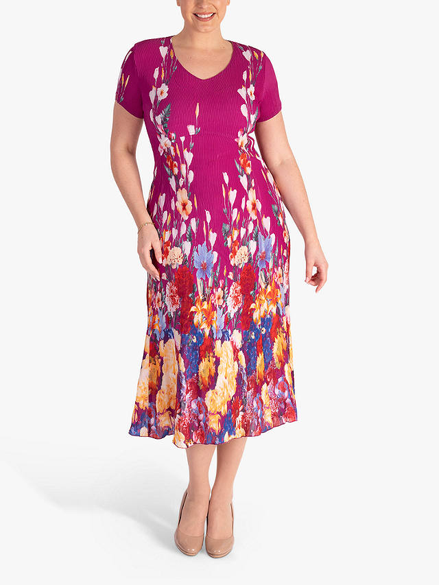 chesca Floral Border Print Pleated Midi Dress, Fuchsia/Multi