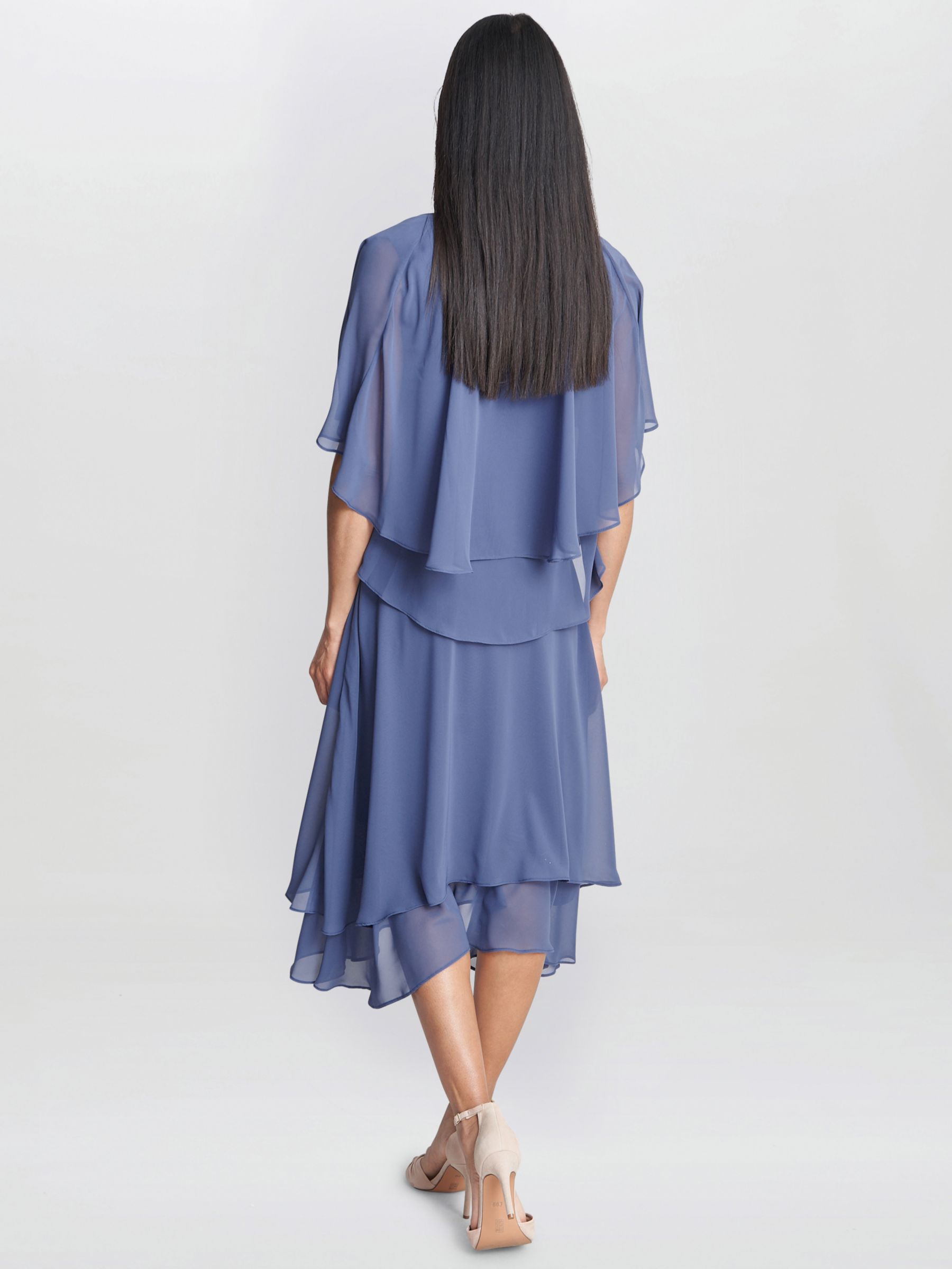 Gina Bacconi Cheryl Tiered Midi Chiffon Dress with Jacket, Wedgewood, 10