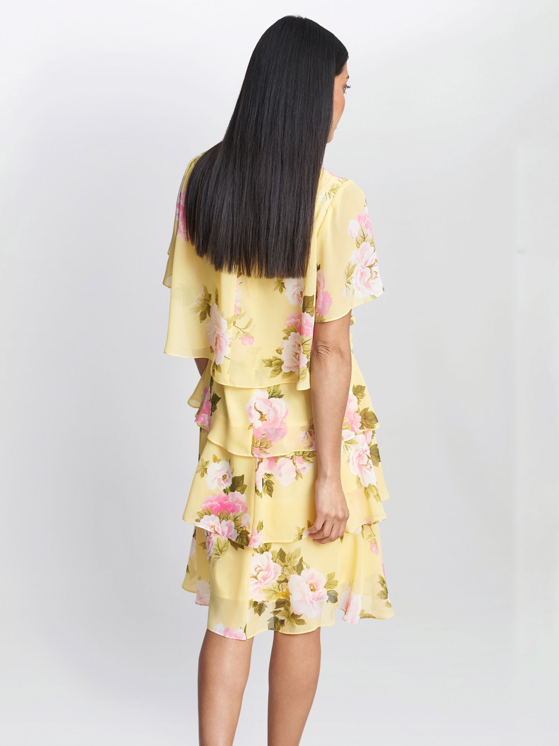 Gina Bacconi Edith Floral Print Tiered Dress, Yellow, 10