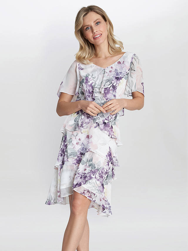 Gina Bacconi Kia Floral Print Tiered Dress, Ivory/Multi