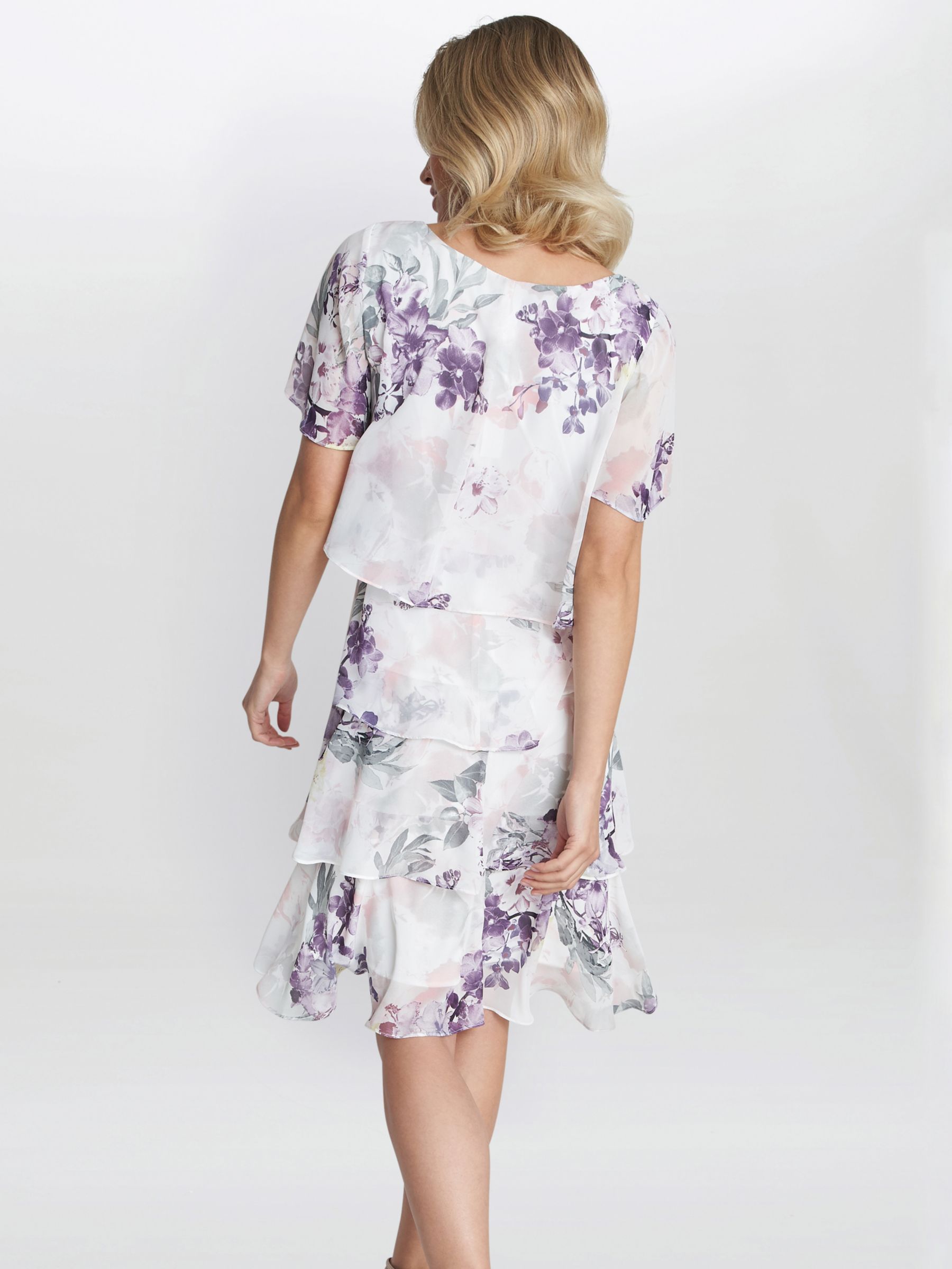 Gina Bacconi Kia Floral Print Tiered Dress, Ivory/Multi, 10