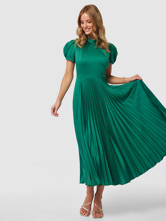 Closet London Puff Sleeve Pleated Midi Dress, Green