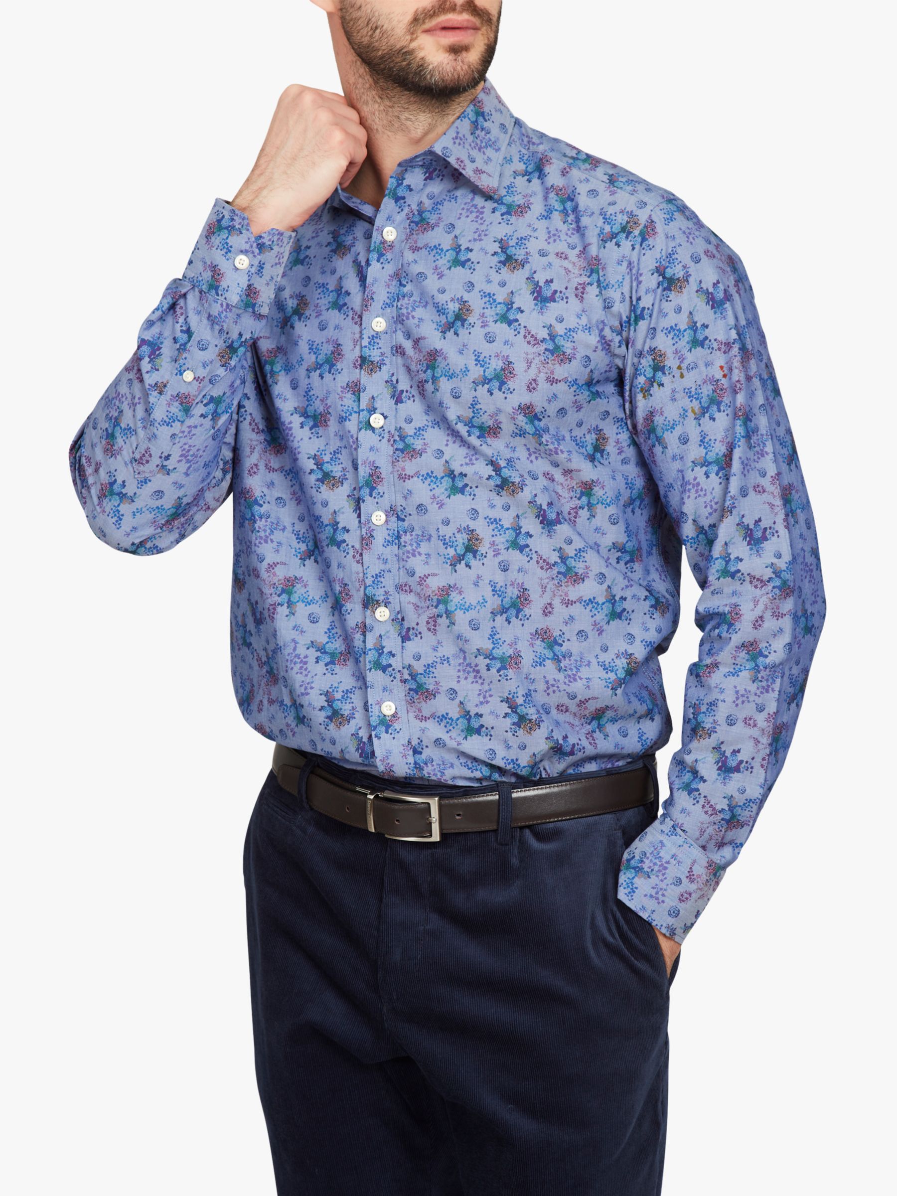 Simon Carter Chambray Floral Shirt, Blue/Multi, 15