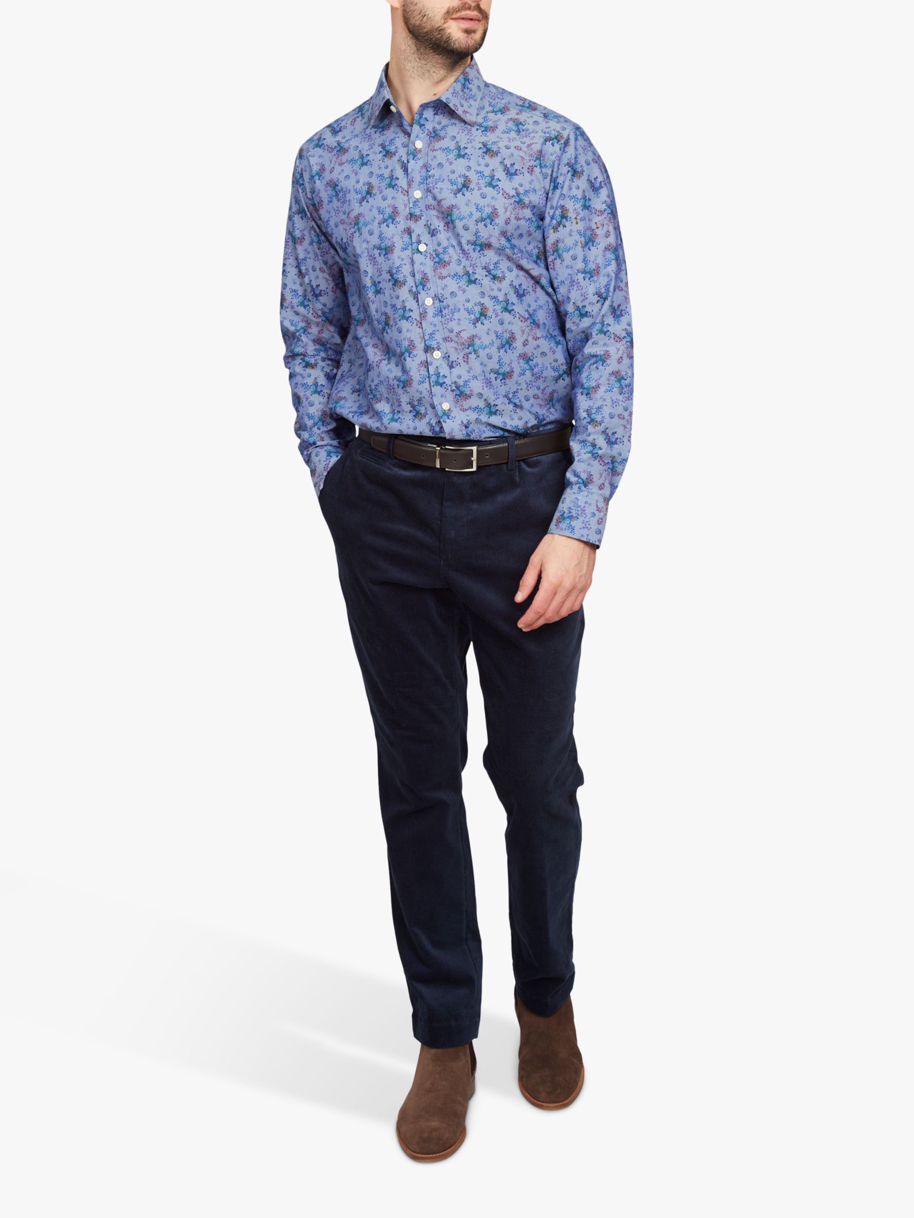 Simon Carter Chambray Floral Shirt, Blue/Multi, 15