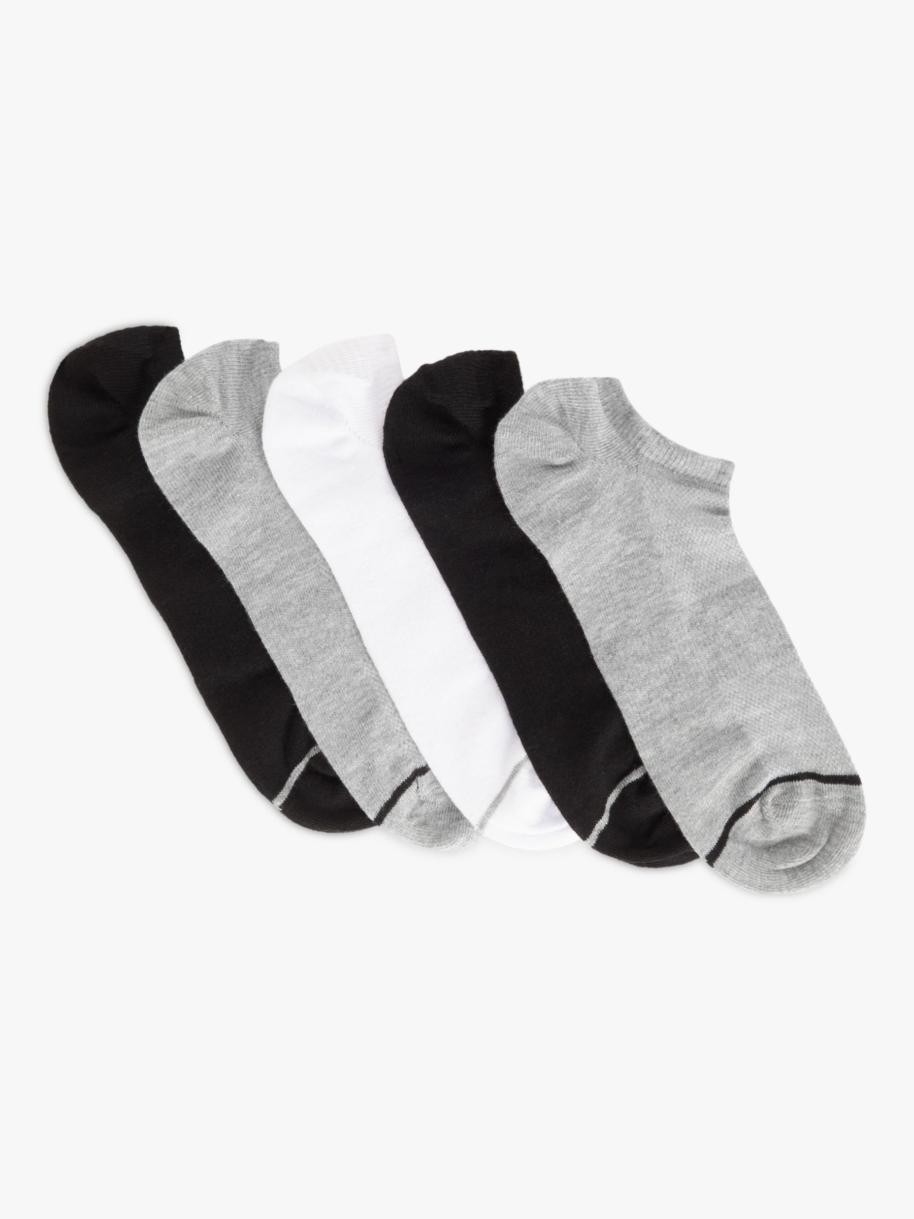 John Lewis ANYDAY Plain Trainer Liner Socks, Pack of 5, Black/White/Grey, S-M