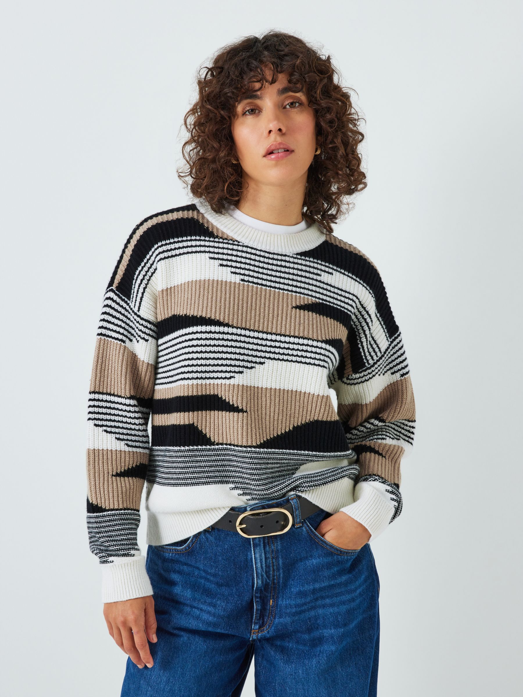 AND/OR Bonnie Abstract Stripe Wool Blend Jumper, Cream/Black, XS