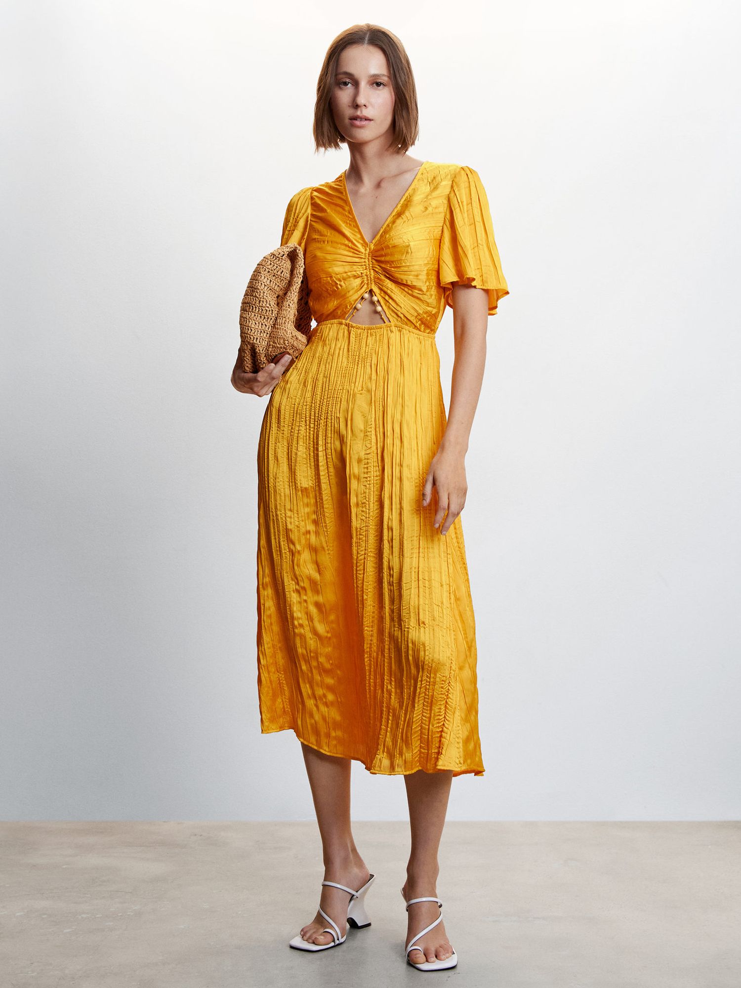 Mango Puri Side-Slit Satin Dress, Yellow at John Lewis & Partners