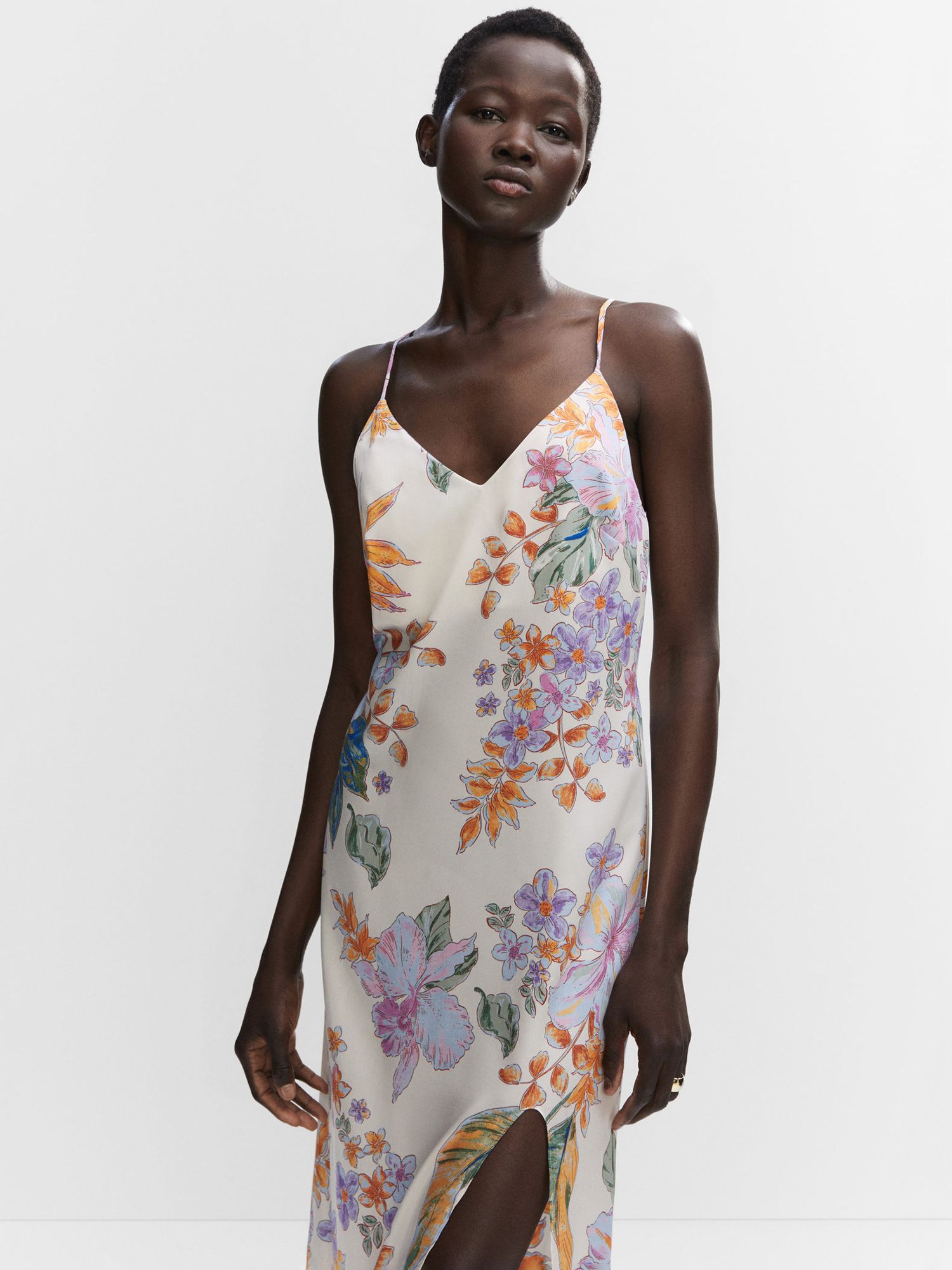 Mango Hall Floral Print Slip Midi Dress, Light Beige, 4