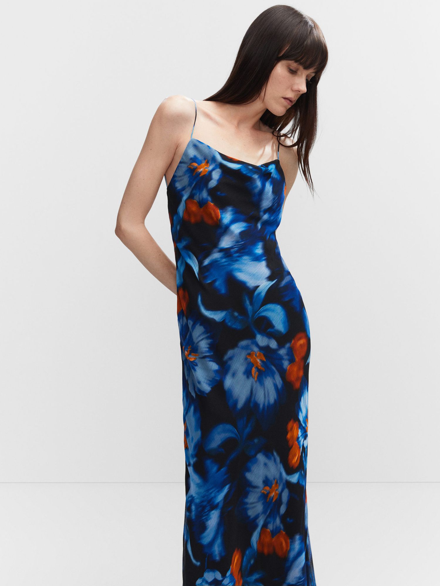 Mango Soho Floral Print Satin Maxi Dress, Blue, 6