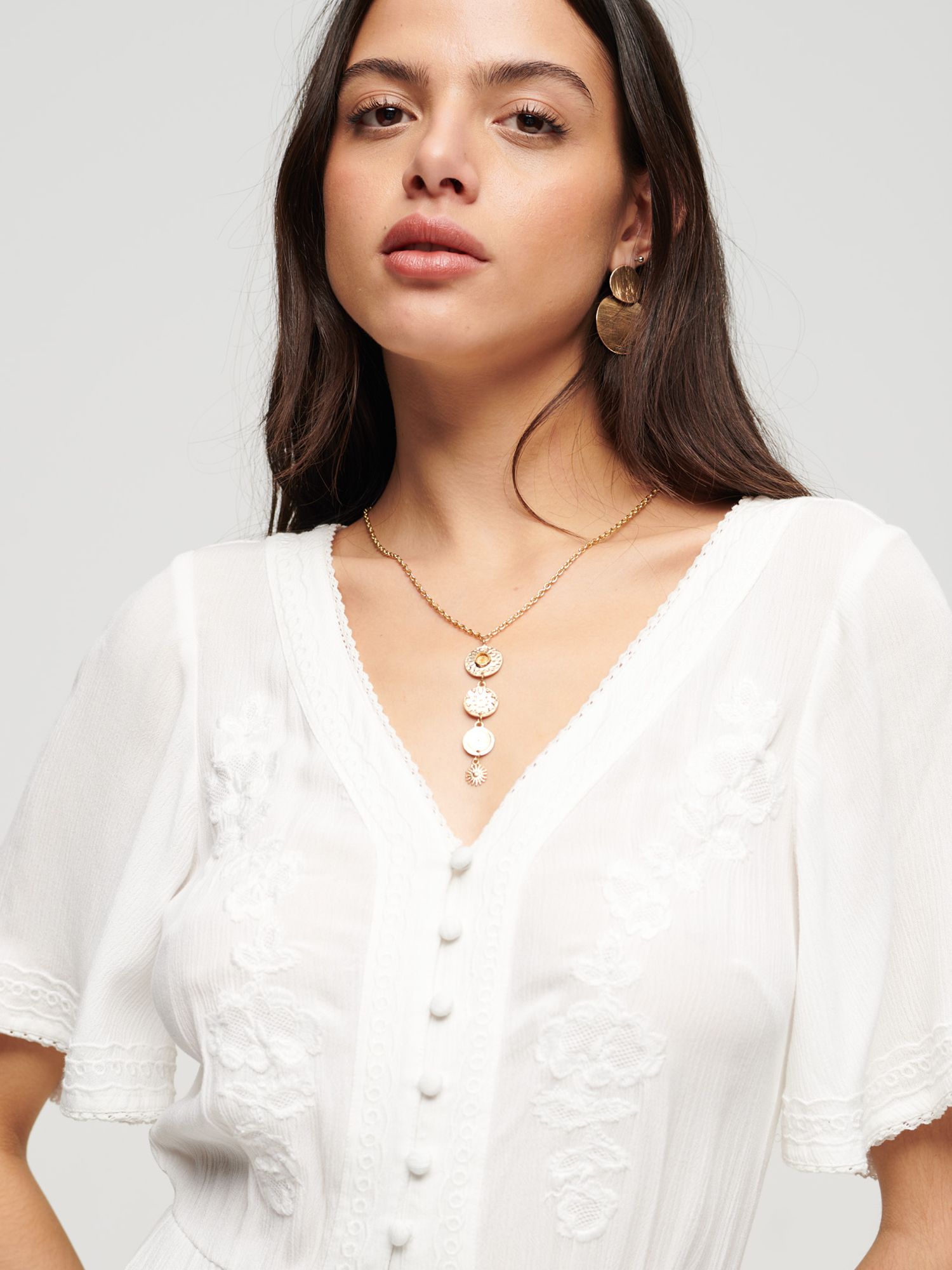 Superdry Embroidered Tiered Midi Dress, Off White at John Lewis & Partners
