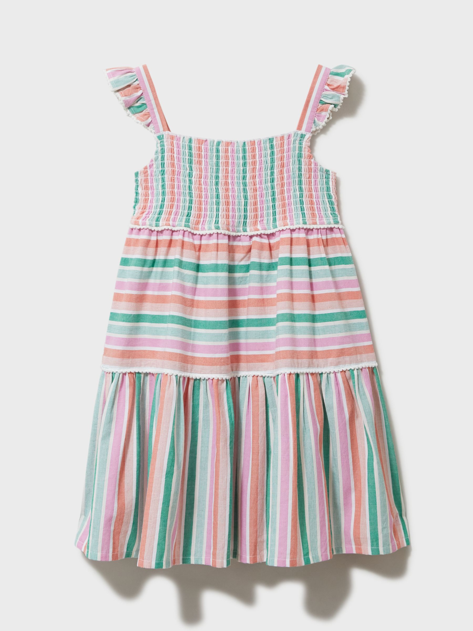 Crew Clothing Kids' Cotton Pom Pom Stripe Tiered Dress, Pink/Multi at ...