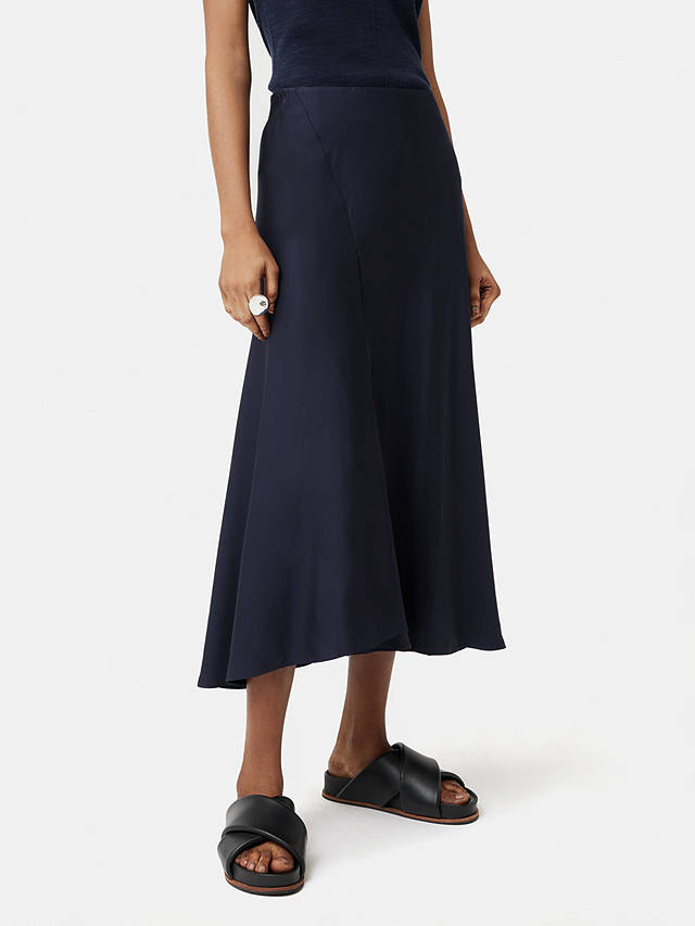 Jigsaw Satin Bias Cut Asymmetric Midi Skirt, Navy