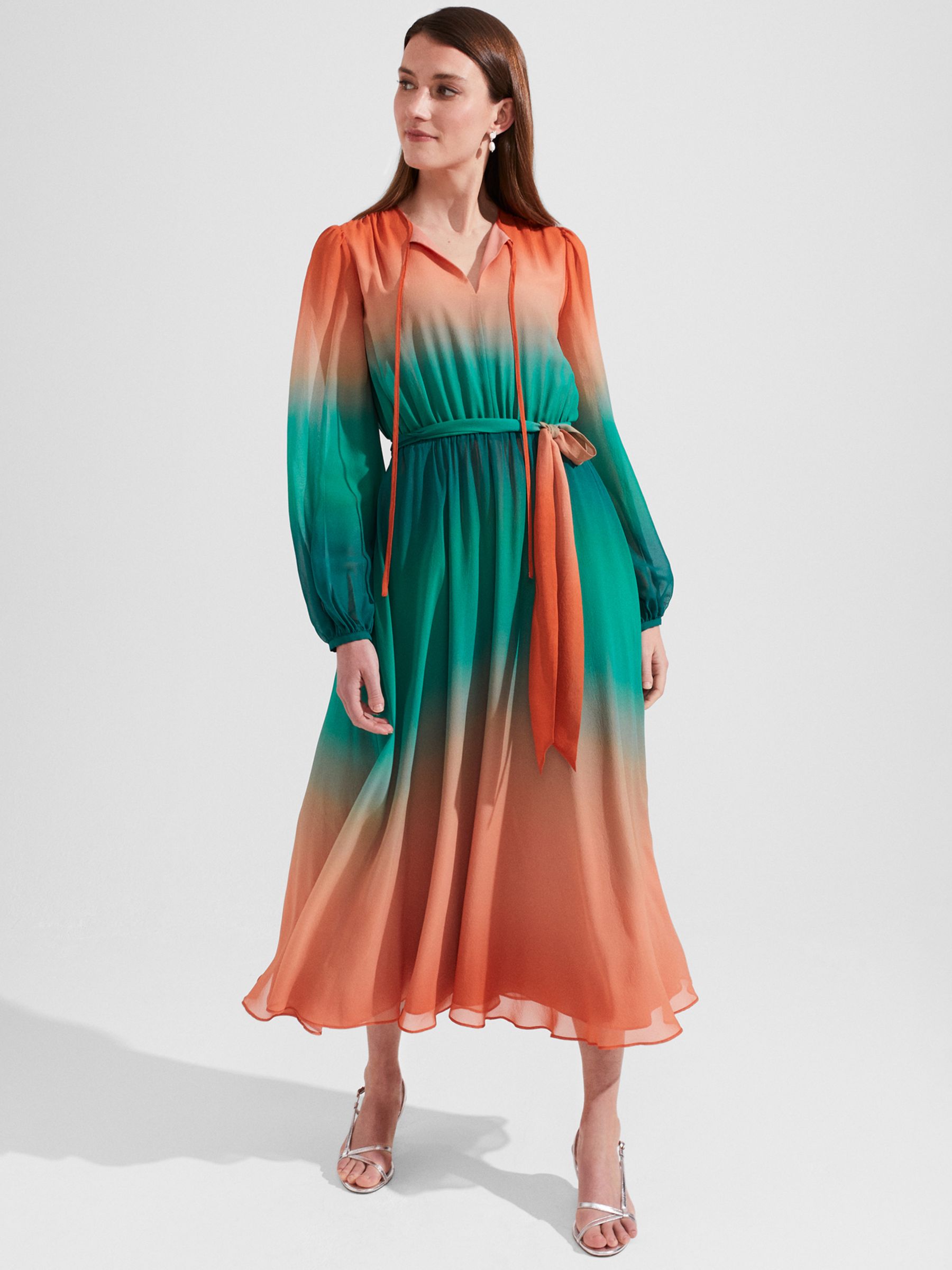 Hobbs Adalyn Tie Dye Midi Silk Dress, Green/Warm Clay