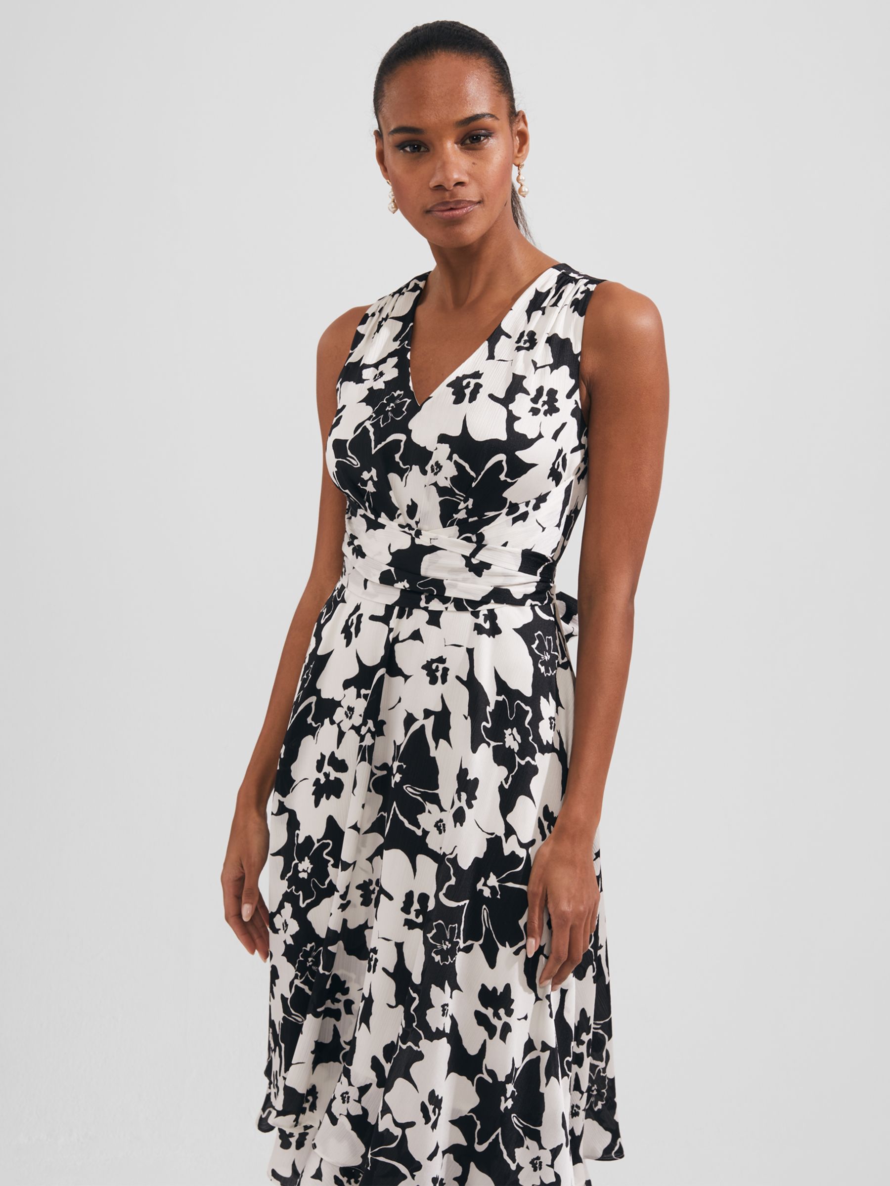 Hobbs Viola Floral Midi Flared Dress, Black/Ivory at John Lewis & Partners