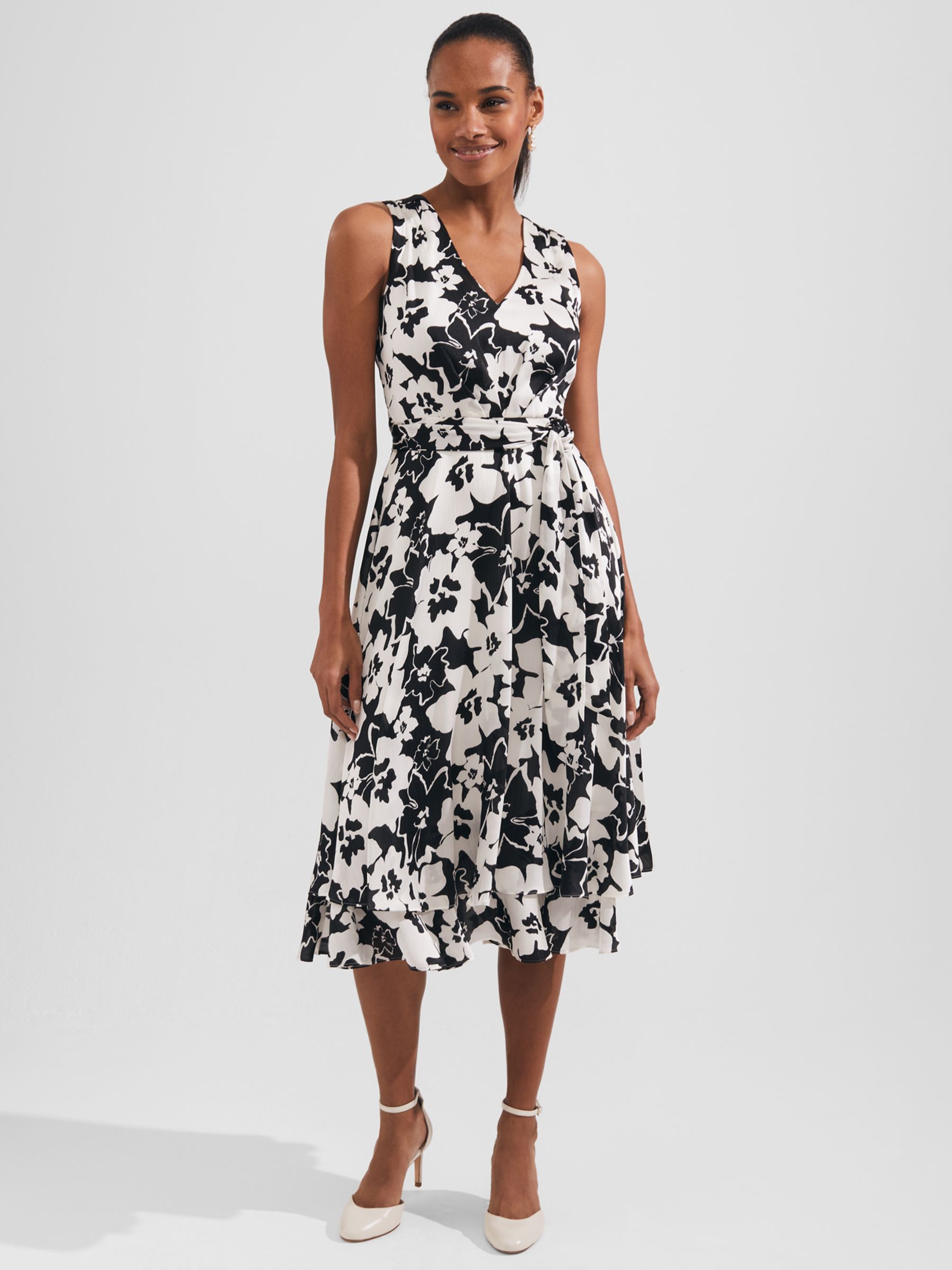 Hobbs Viola Floral Midi Flared Dress, Black/Ivory