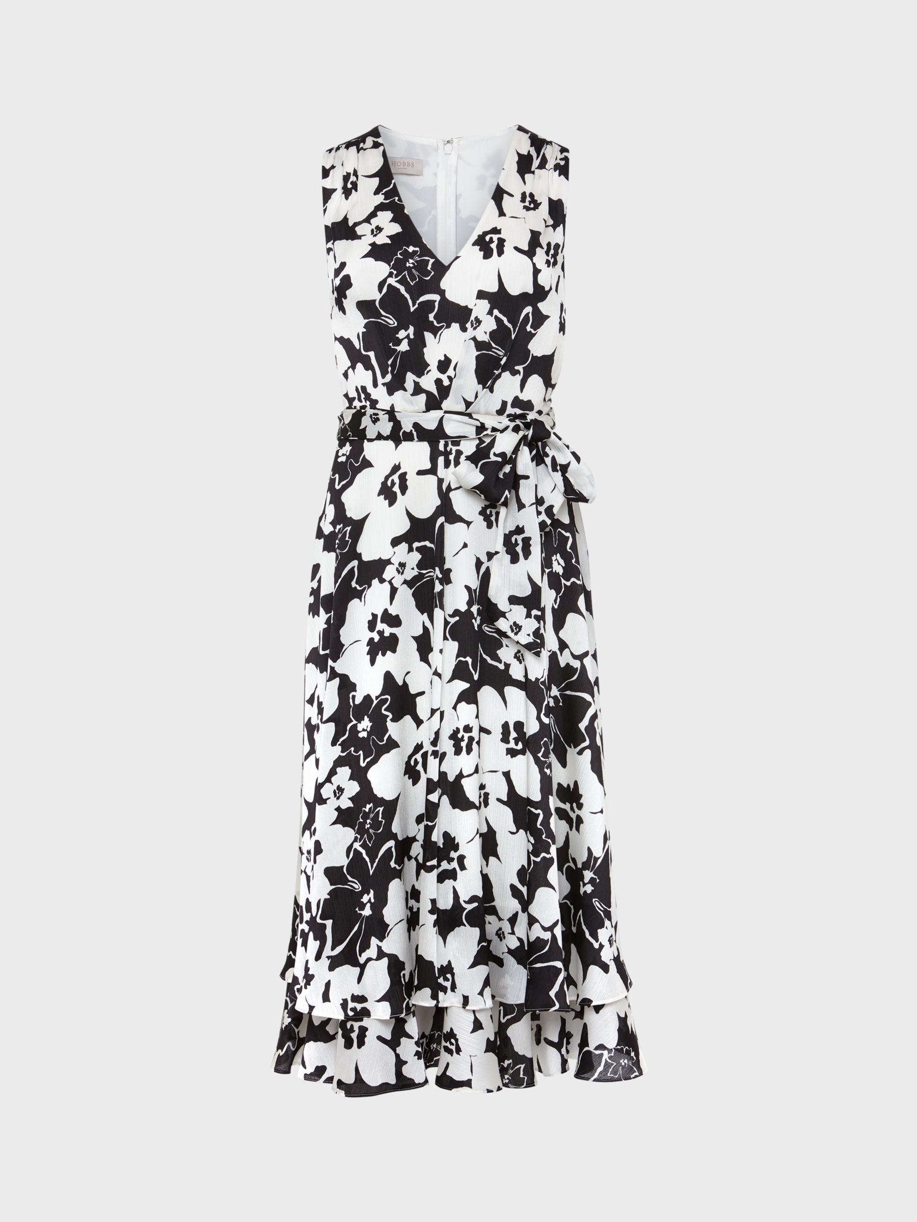 Hobbs Viola Floral Midi Flared Dress, Black/Ivory, 6