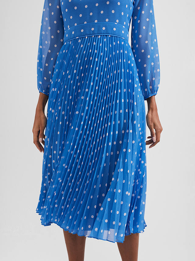 Hobbs Petite Selena Polka Dot Pleated Dress, Blue/Ivory