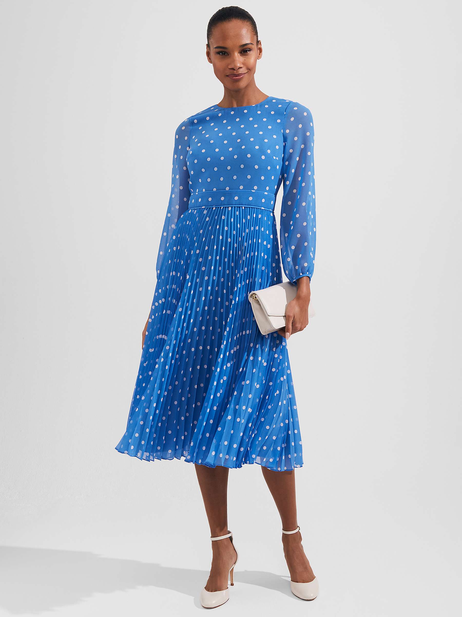 Buy Hobbs Petite Selena Polka Dot Pleated Dress, Blue/Ivory Online at johnlewis.com