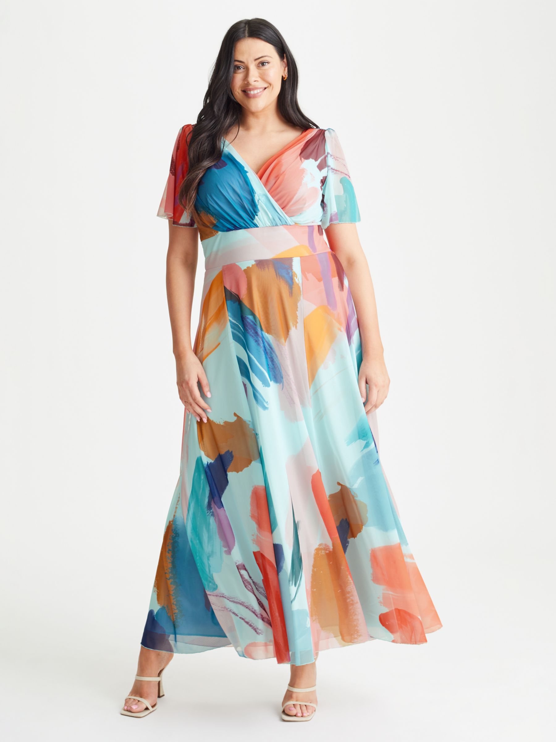 Scarlett & Jo Isabelle Brushstroke Print Maxi Dress, Aqua/Multi, 14