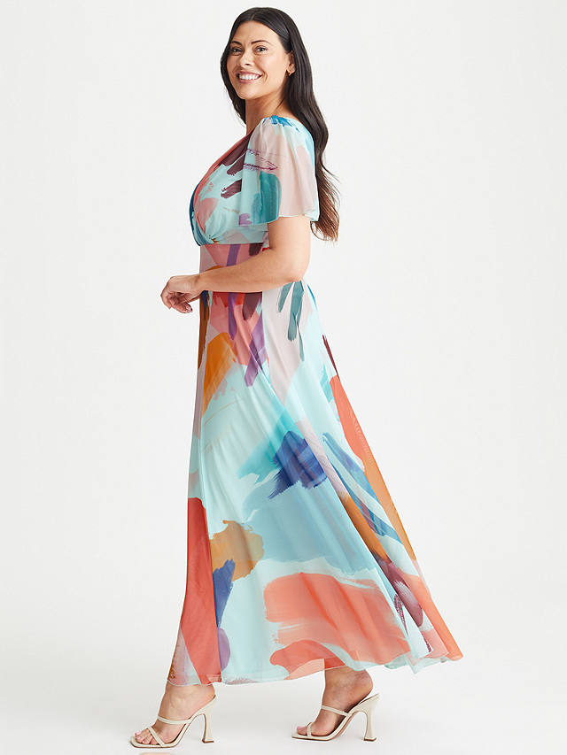 Scarlett & Jo Isabelle Brushstroke Print Maxi Dress, Aqua/Multi