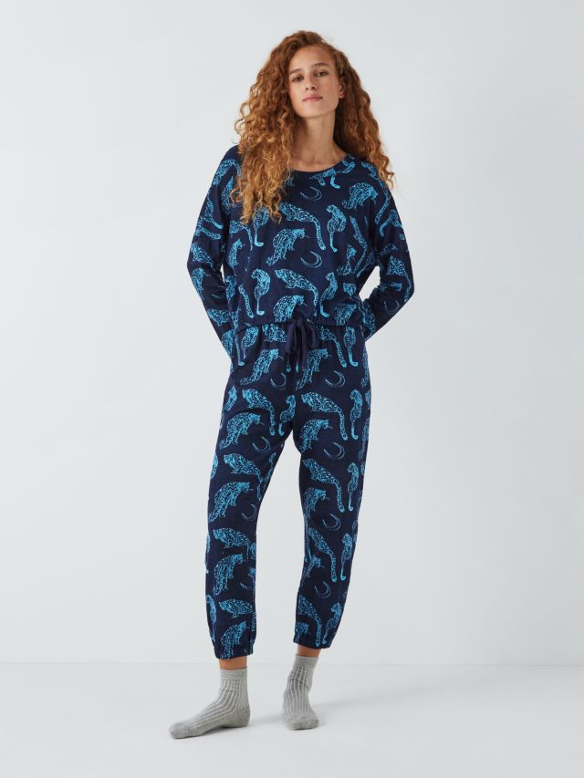 Their Nibs Snow Leopard Moon Print Jersey Pyjama Set, Navy, S