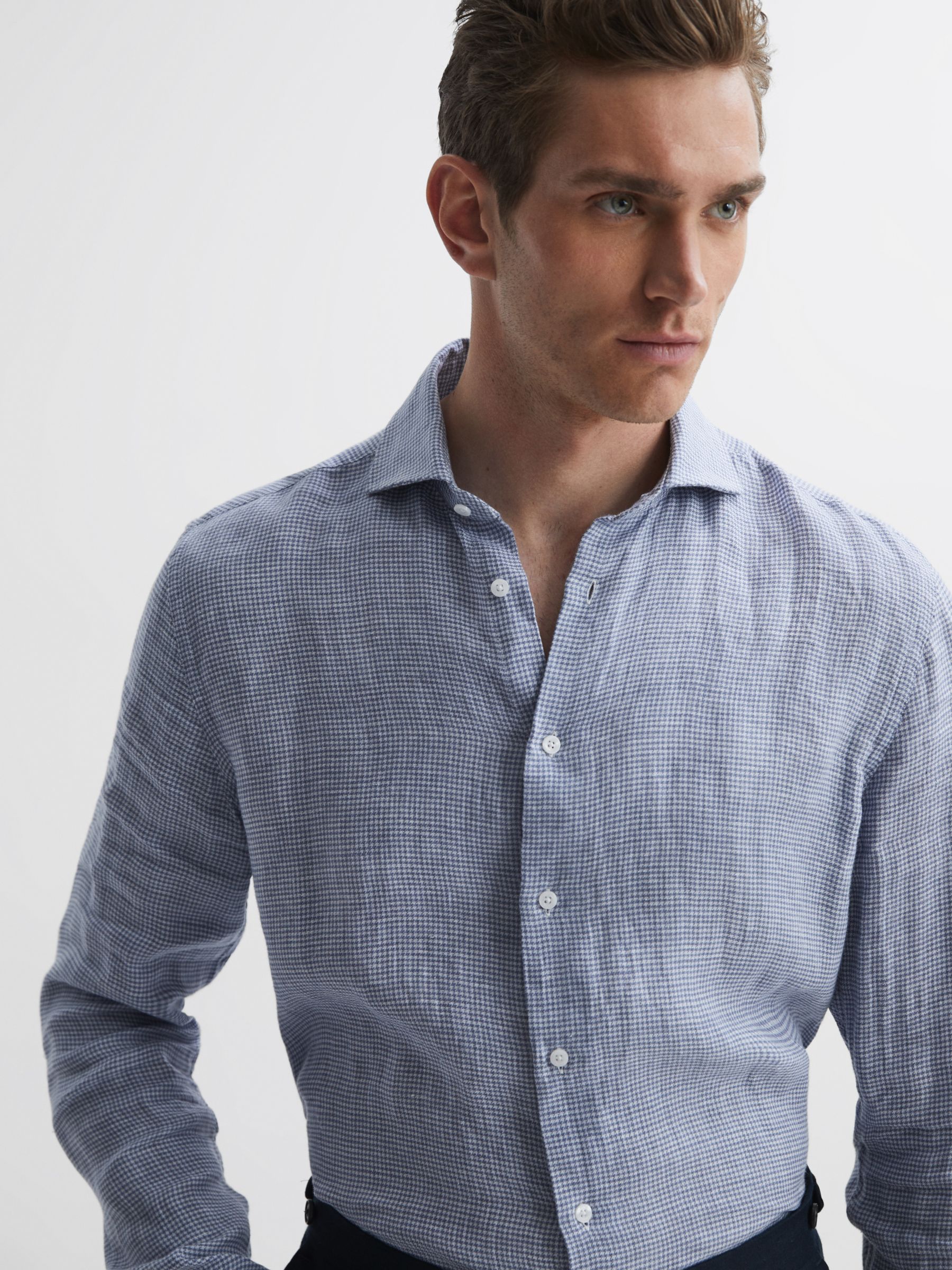 Reiss Ruban Gingham Check Linen Shirt, Blue at John Lewis & Partners