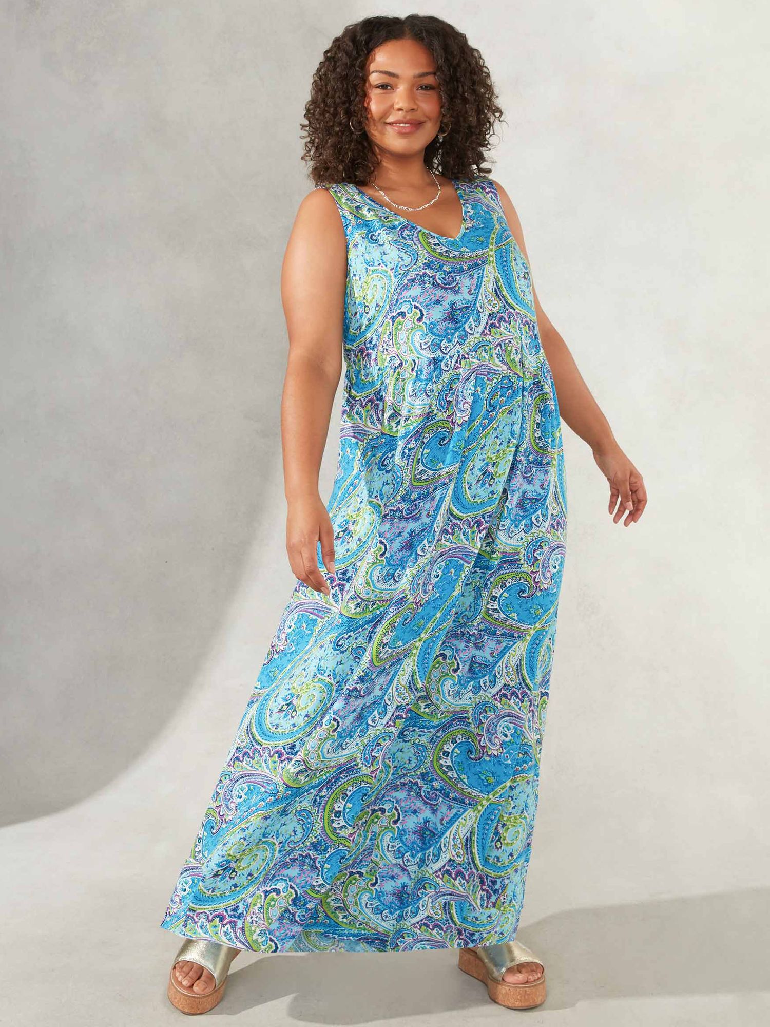 Live Unlimited Curve Abstract Print V Neck Woven Maxi Dress, Blue, 12