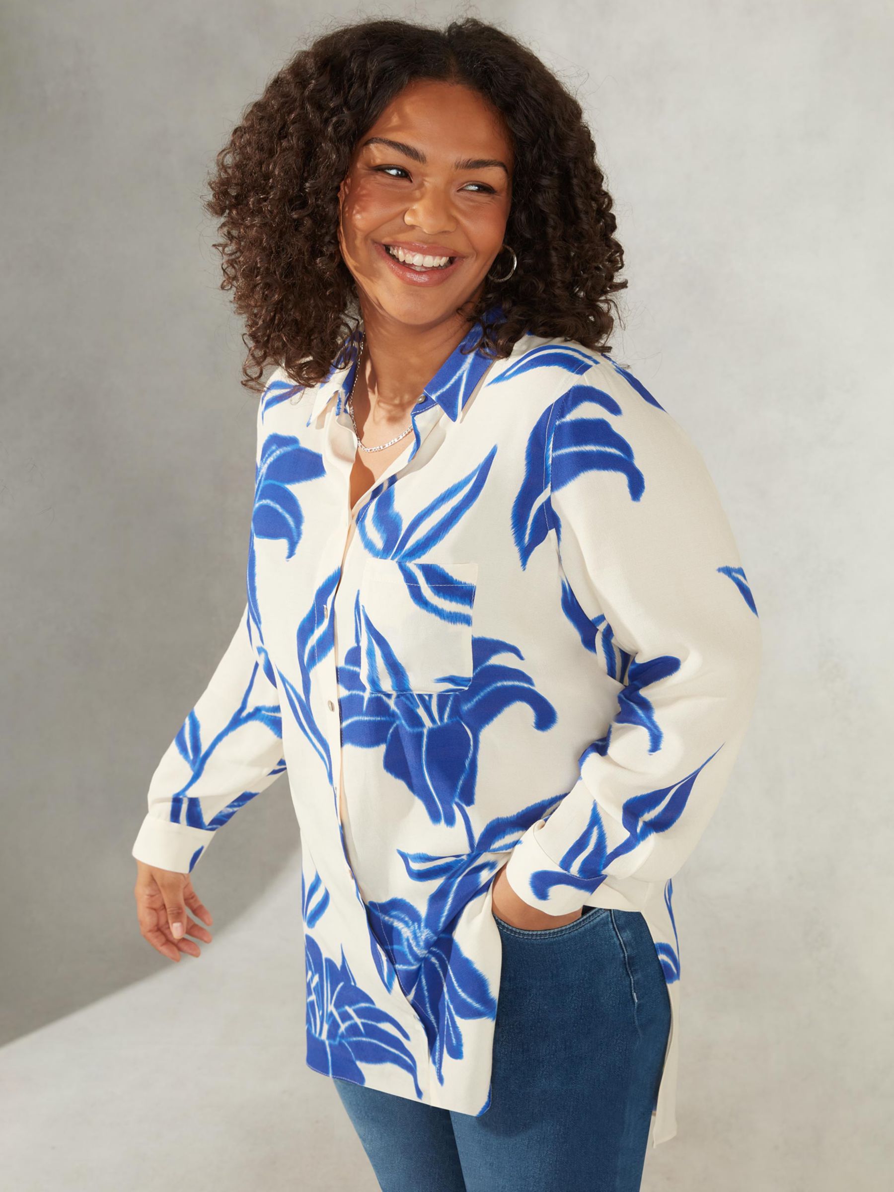 Buy Live Unlimited Curve Floral Print Resort Shirt, Blue Online at johnlewis.com