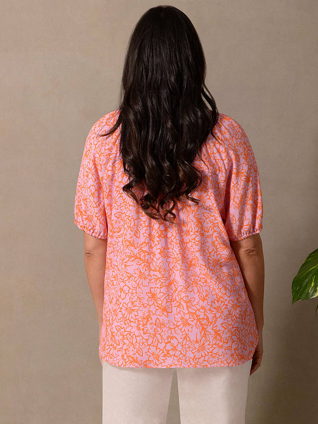 Live Unlimited Curve Linear Floral Short Sleeve Blouse, Orange/Pink