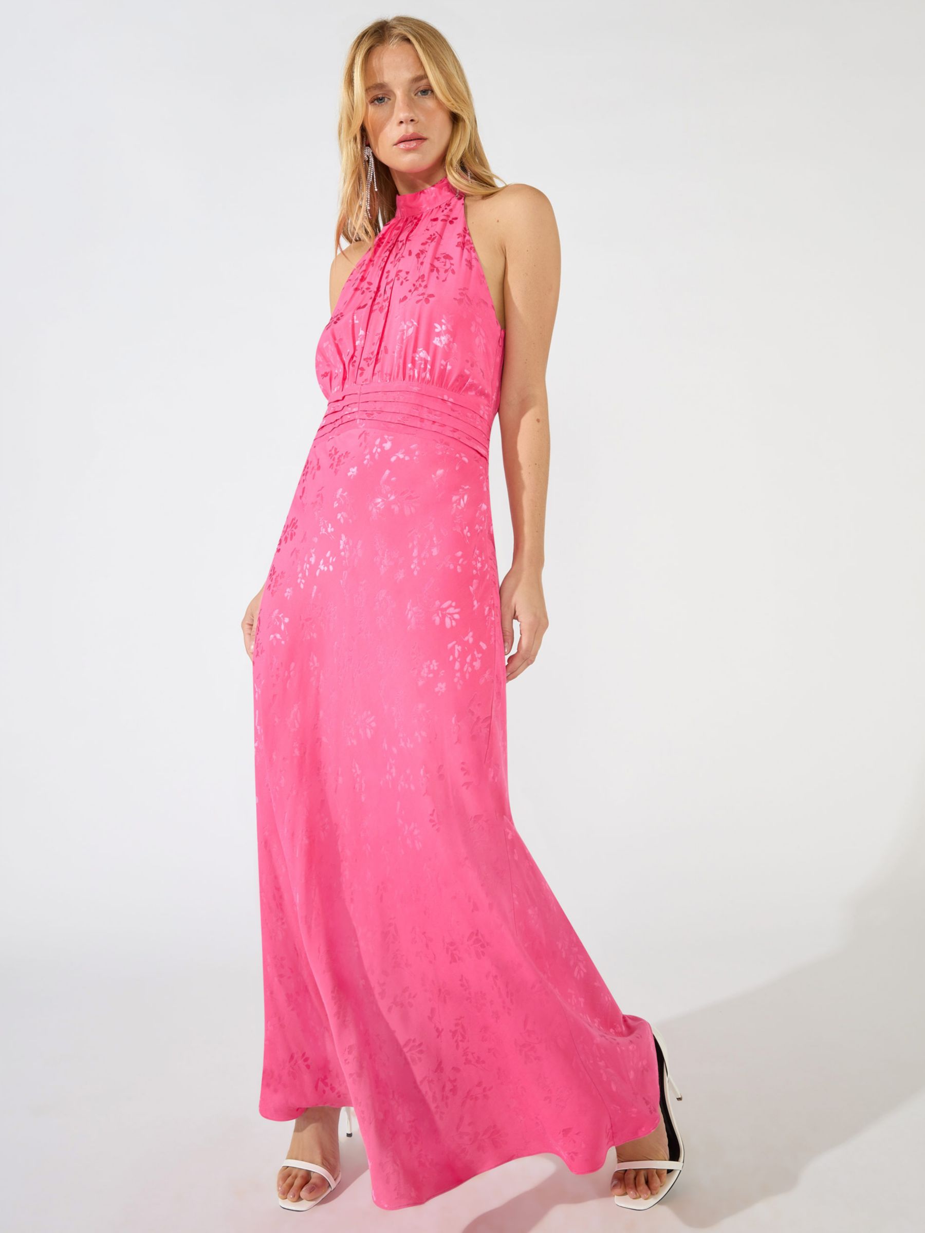 Women's soft and light pink high low satin evening gown with elegant lace  work all over