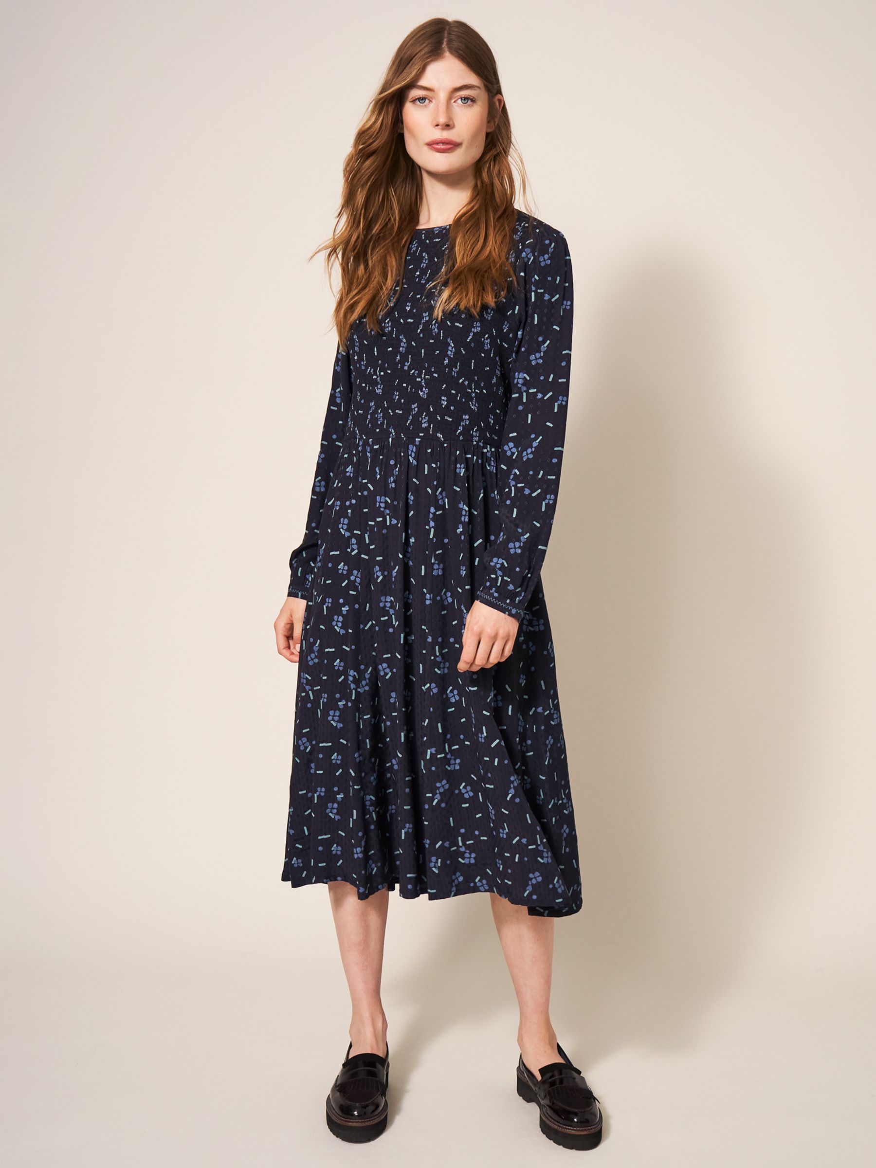 White Stuff Aneth Eco Vero Shirred Dress, Black/Blue