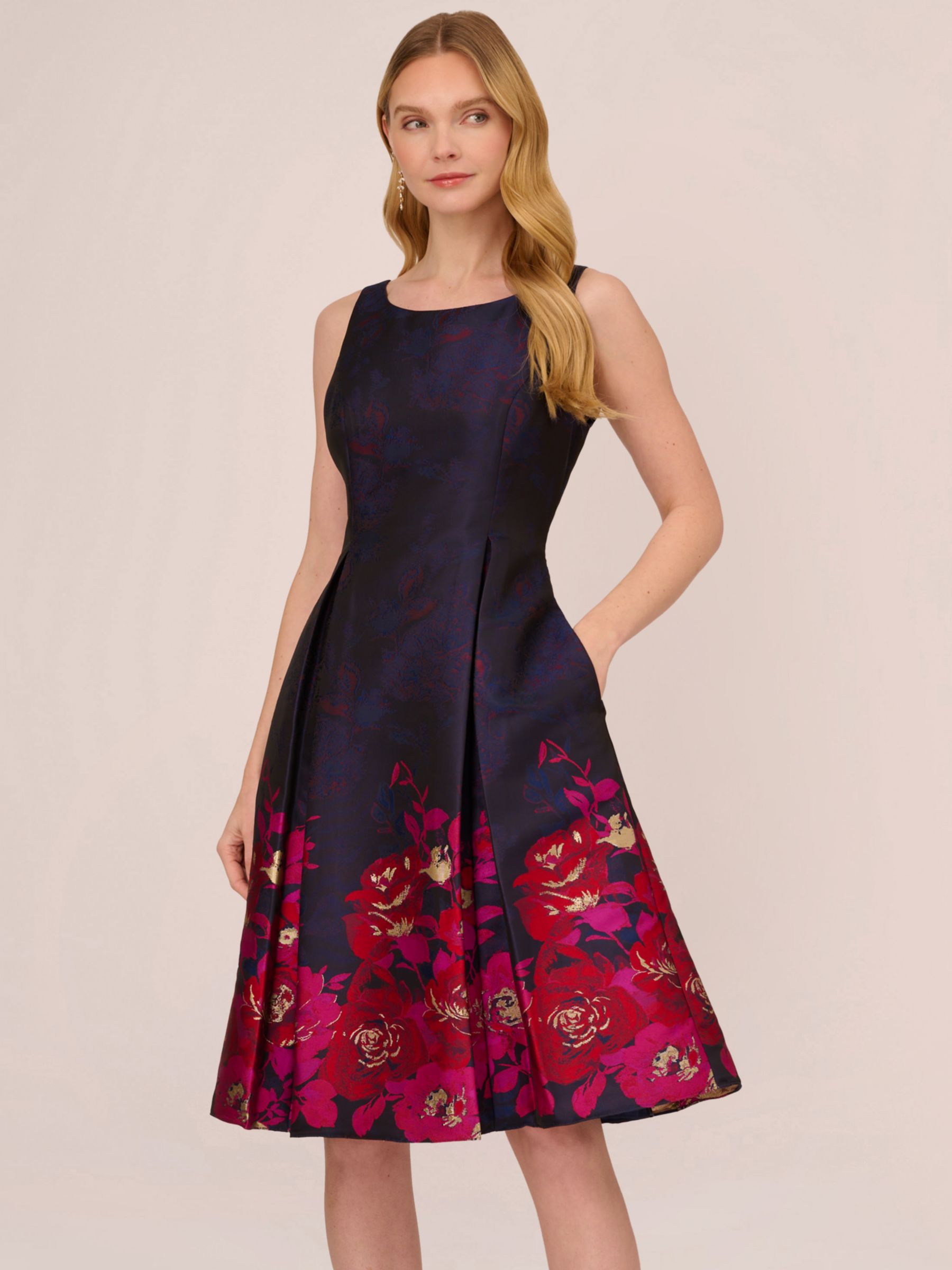 Adrianna Papell Floral Border Jacquard Dress, Navy/Pink Multi, 6