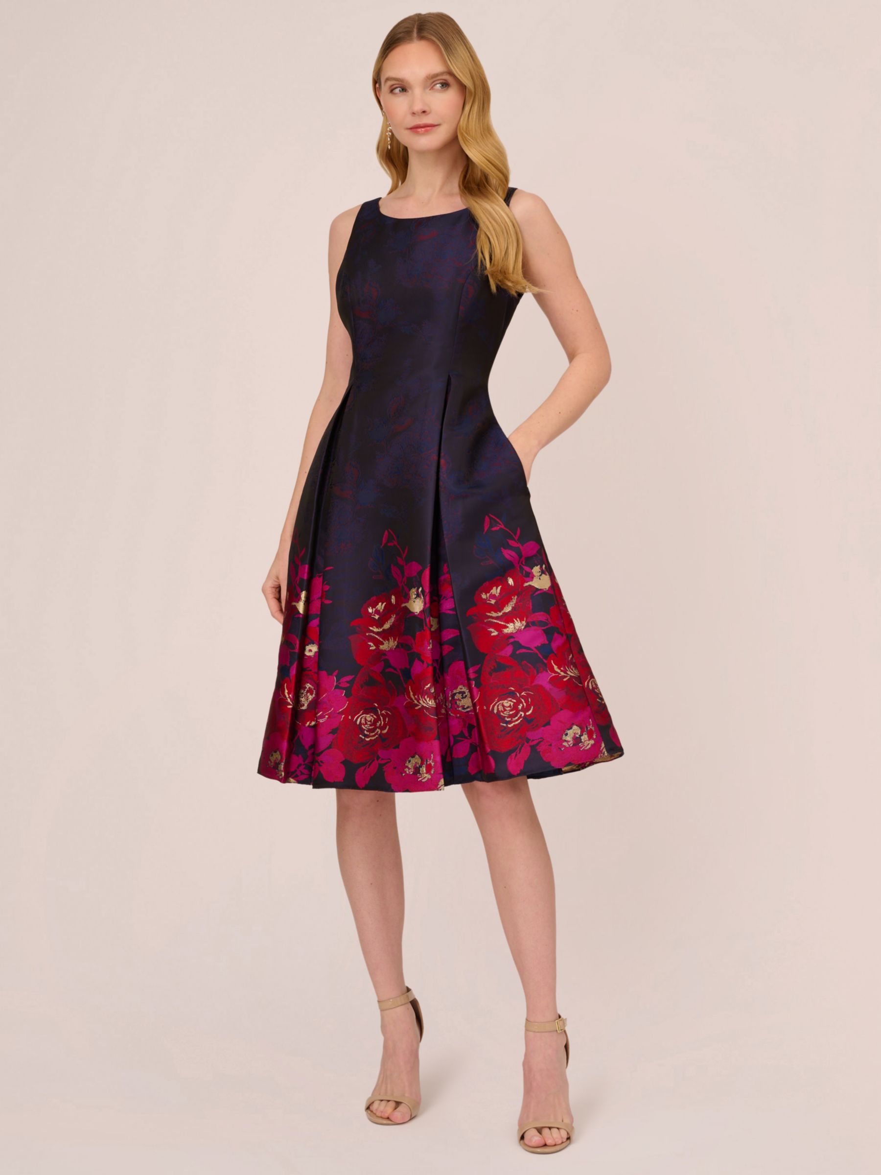 Adrianna Papell Floral Border Jacquard Dress Navy Pink Multi