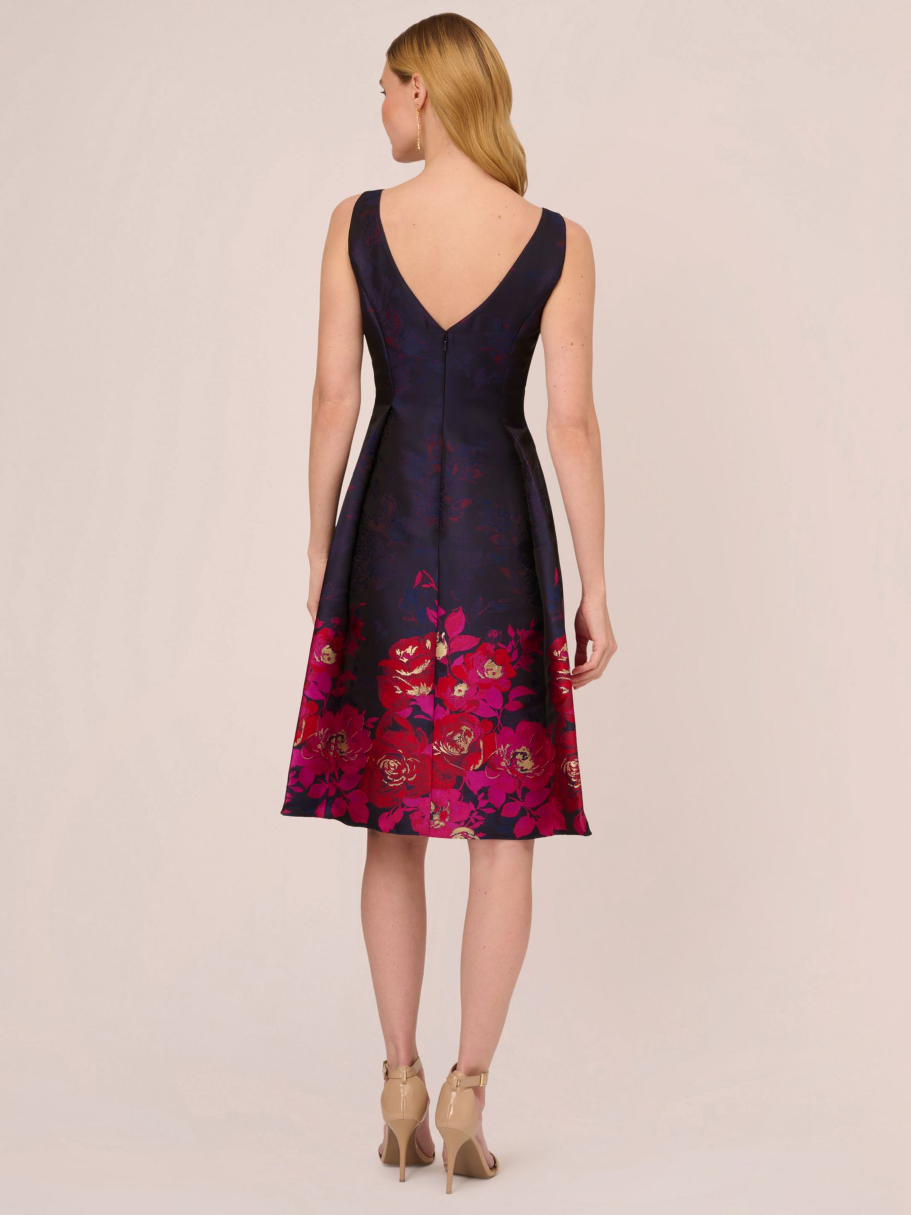 Adrianna Papell Floral Border Jacquard Dress Navy Pink Multi