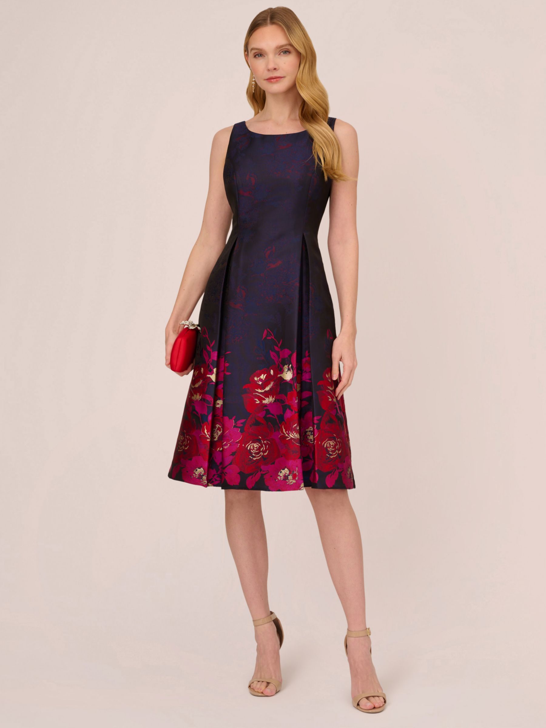 Adrianna Papell Floral Border Jacquard Dress Navy Pink Multi