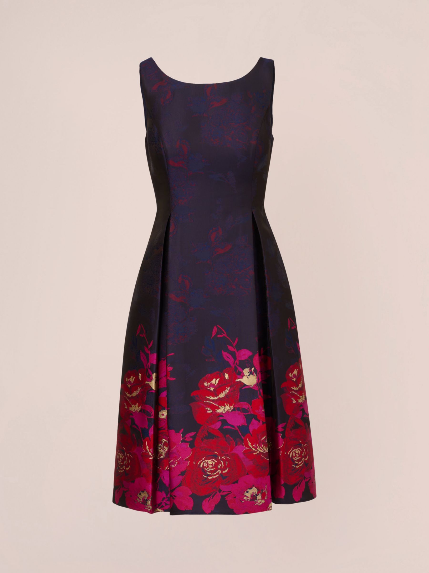 Adrianna Papell Floral Border Jacquard Dress Navy Pink Multi